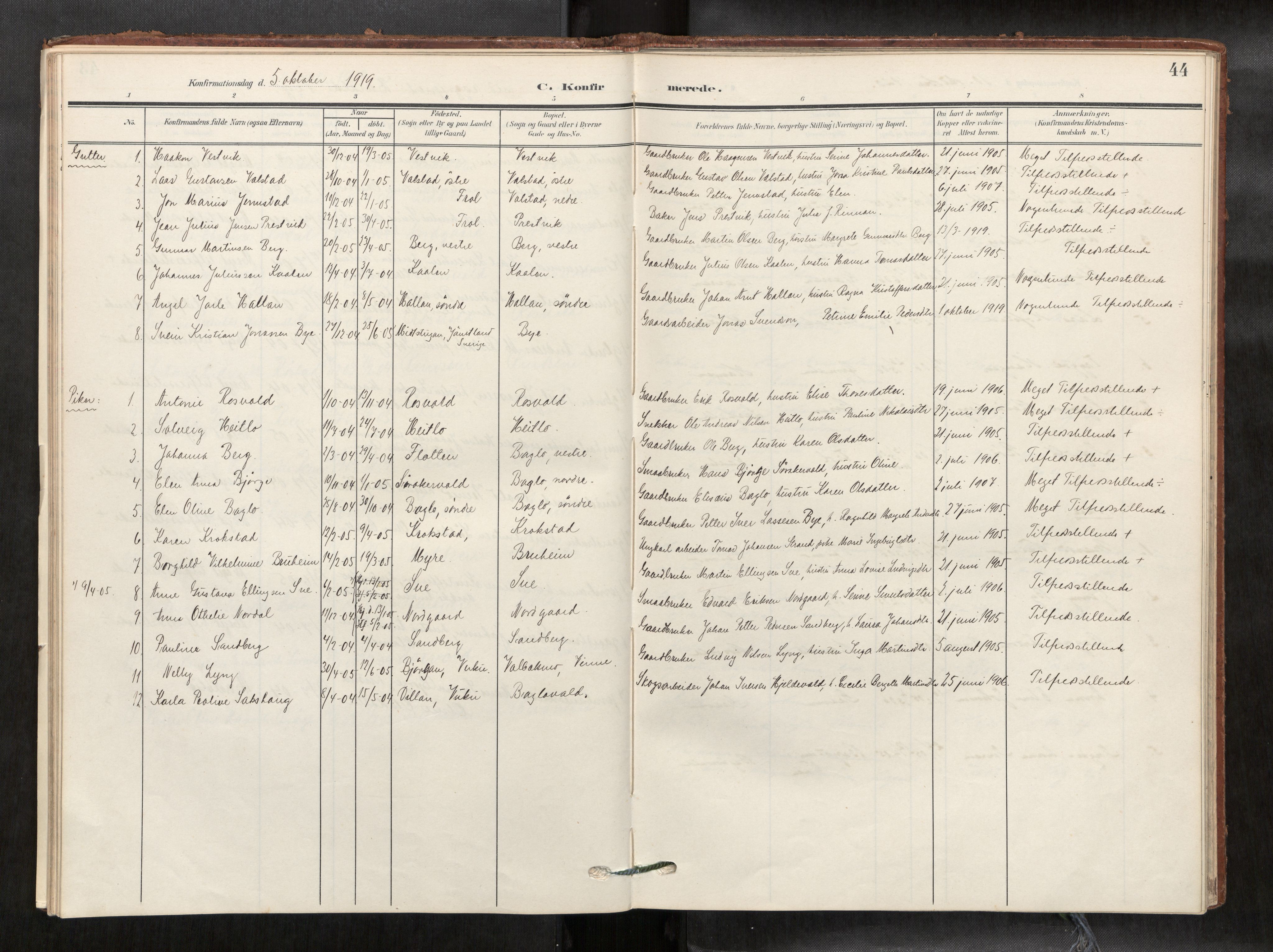 Verdal sokneprestkontor, SAT/A-1156/2/H/Haa/L0003: Parish register (official) no. 3, 1907-1921, p. 44