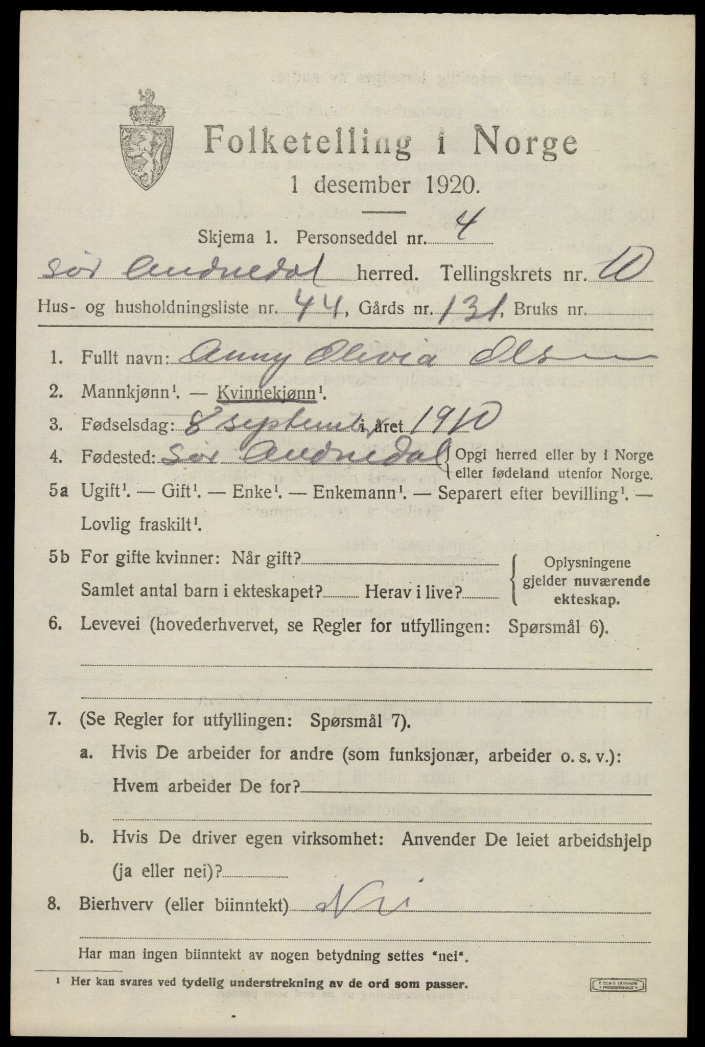 SAK, 1920 census for Sør-Audnedal, 1920, p. 4209