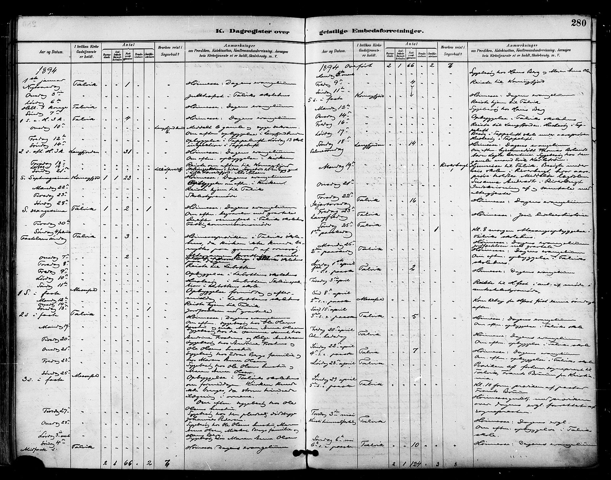 Talvik sokneprestkontor, AV/SATØ-S-1337/H/Ha/L0013kirke: Parish register (official) no. 13, 1886-1897, p. 280