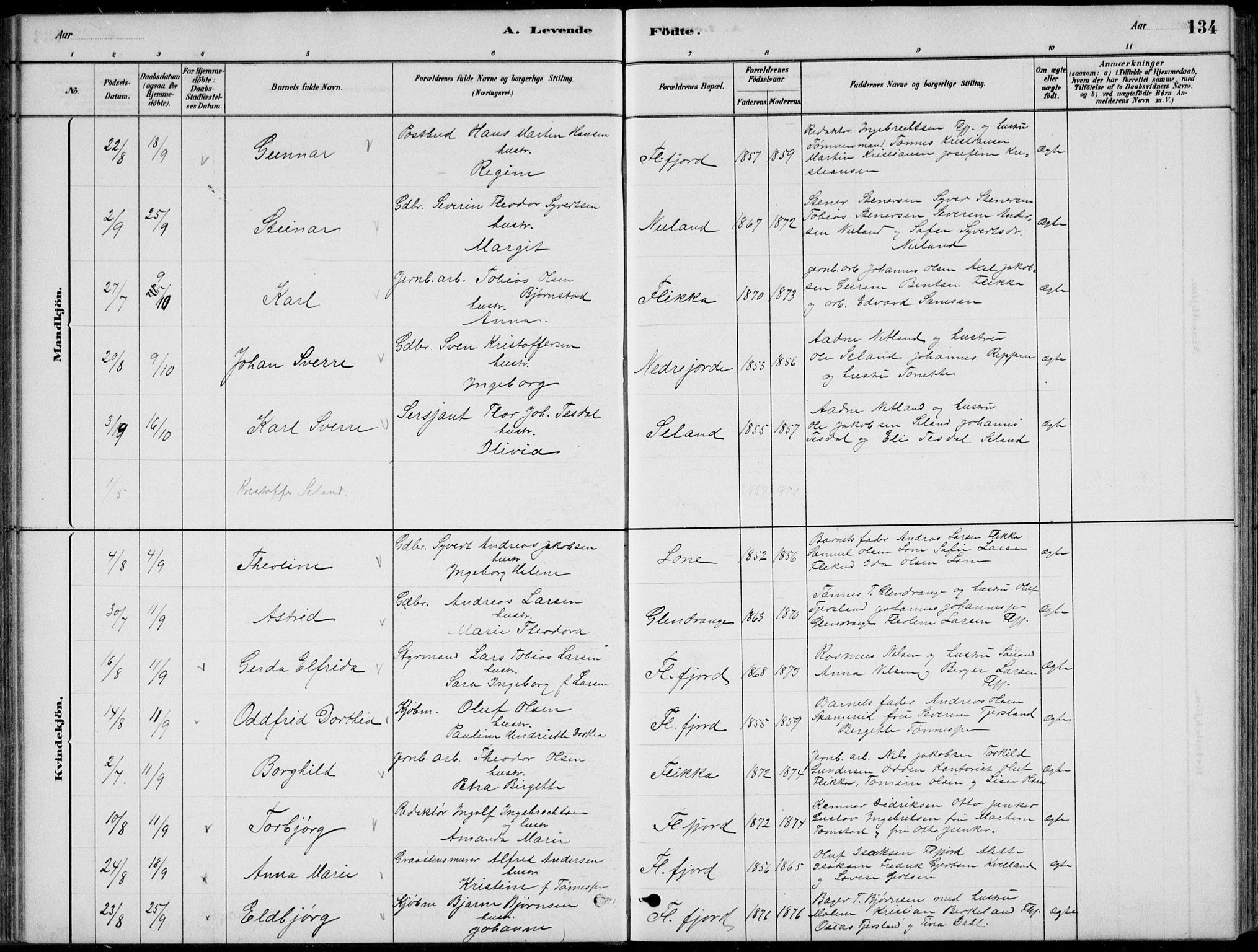 Flekkefjord sokneprestkontor, AV/SAK-1111-0012/F/Fb/Fbc/L0007: Parish register (copy) no. B 7, 1880-1902, p. 134