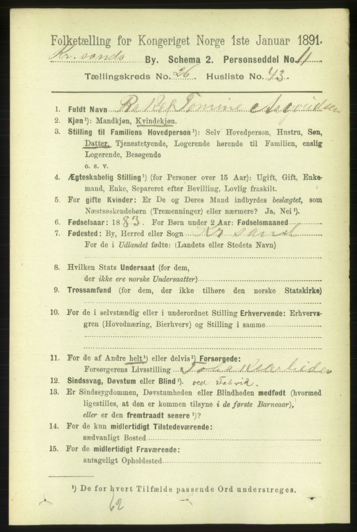 RA, 1891 census for 1001 Kristiansand, 1891, p. 9388
