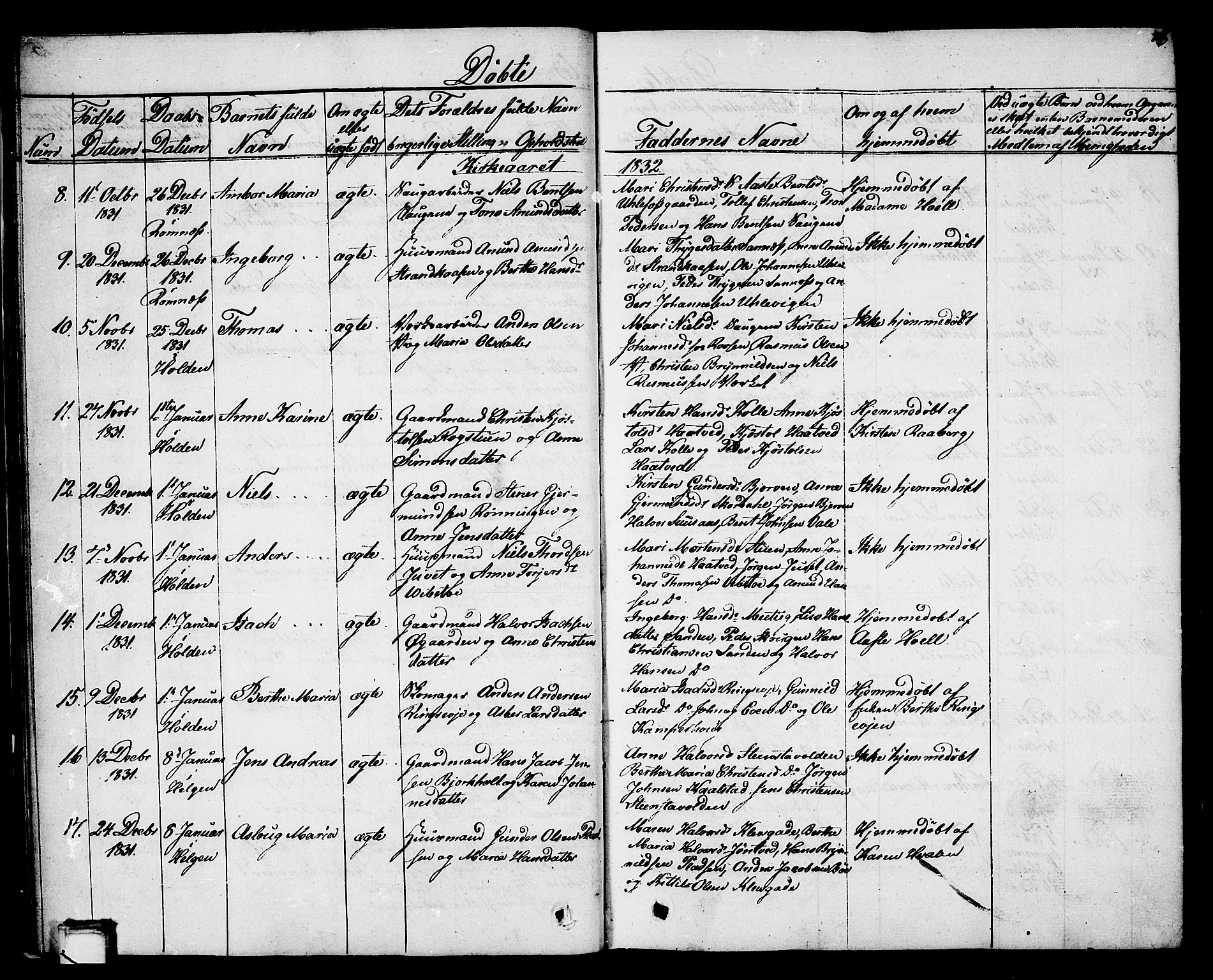 Holla kirkebøker, AV/SAKO-A-272/G/Ga/L0002: Parish register (copy) no. I 2, 1830-1848, p. 16