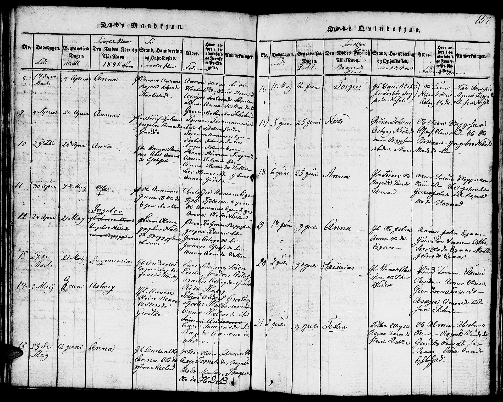 Hægebostad sokneprestkontor, AV/SAK-1111-0024/F/Fb/Fbb/L0001: Parish register (copy) no. B 1, 1816-1850, p. 157