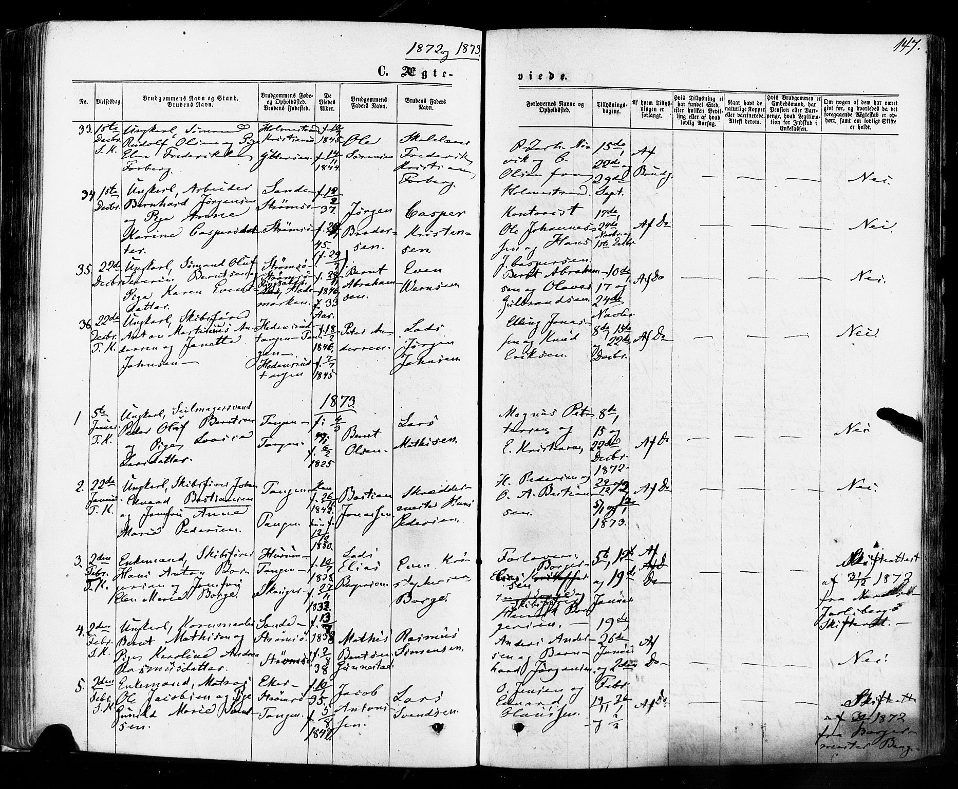 Strømsø kirkebøker, SAKO/A-246/F/Fa/L0018: Parish register (official) no. I 18, 1865-1878, p. 147