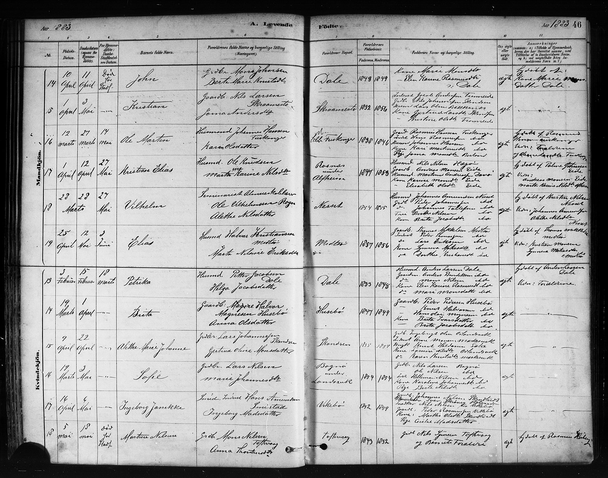 Herdla Sokneprestembete, AV/SAB-A-75701/H/Haa: Parish register (official) no. A 3, 1878-1890, p. 46