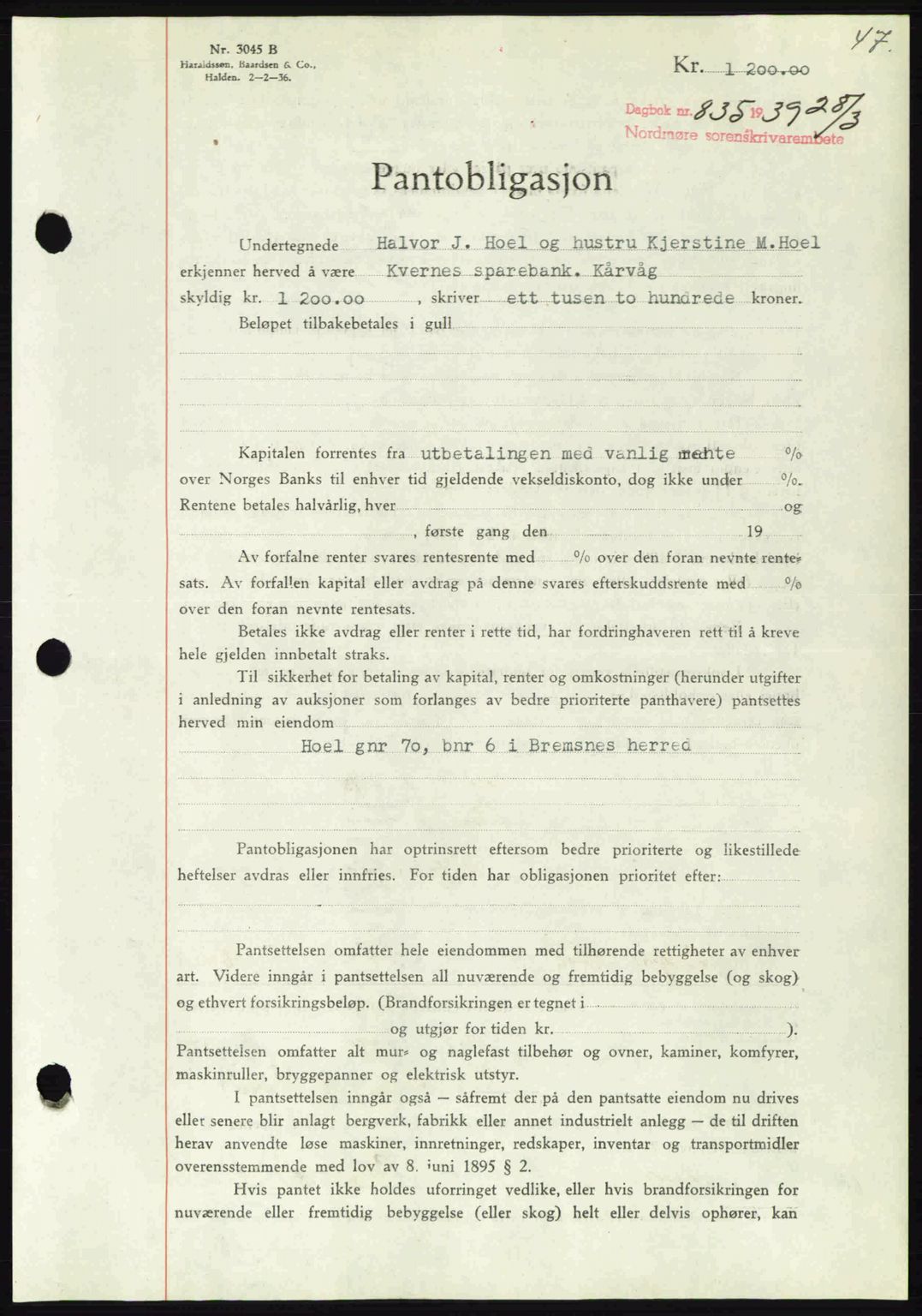 Nordmøre sorenskriveri, AV/SAT-A-4132/1/2/2Ca: Mortgage book no. B85, 1939-1939, Diary no: : 835/1939