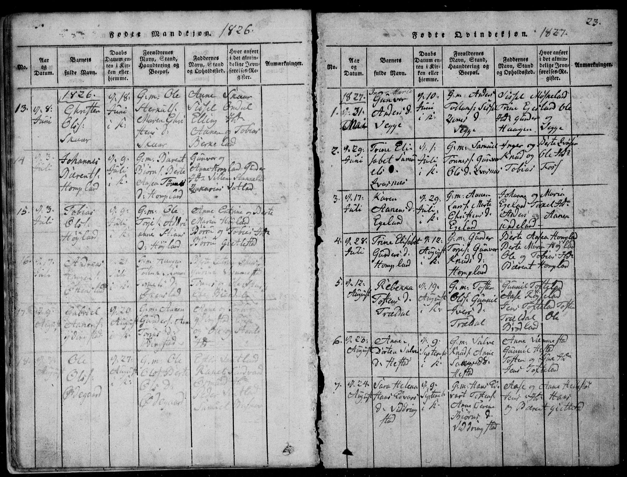 Lyngdal sokneprestkontor, AV/SAK-1111-0029/F/Fb/Fbb/L0001: Parish register (copy) no. B 1, 1816-1900, p. 23