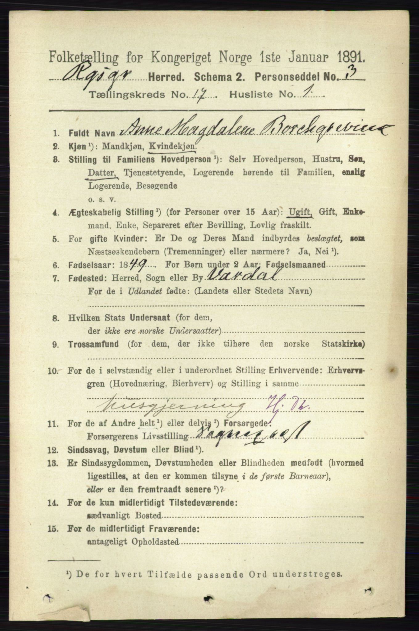 RA, 1891 census for 0412 Ringsaker, 1891, p. 9733