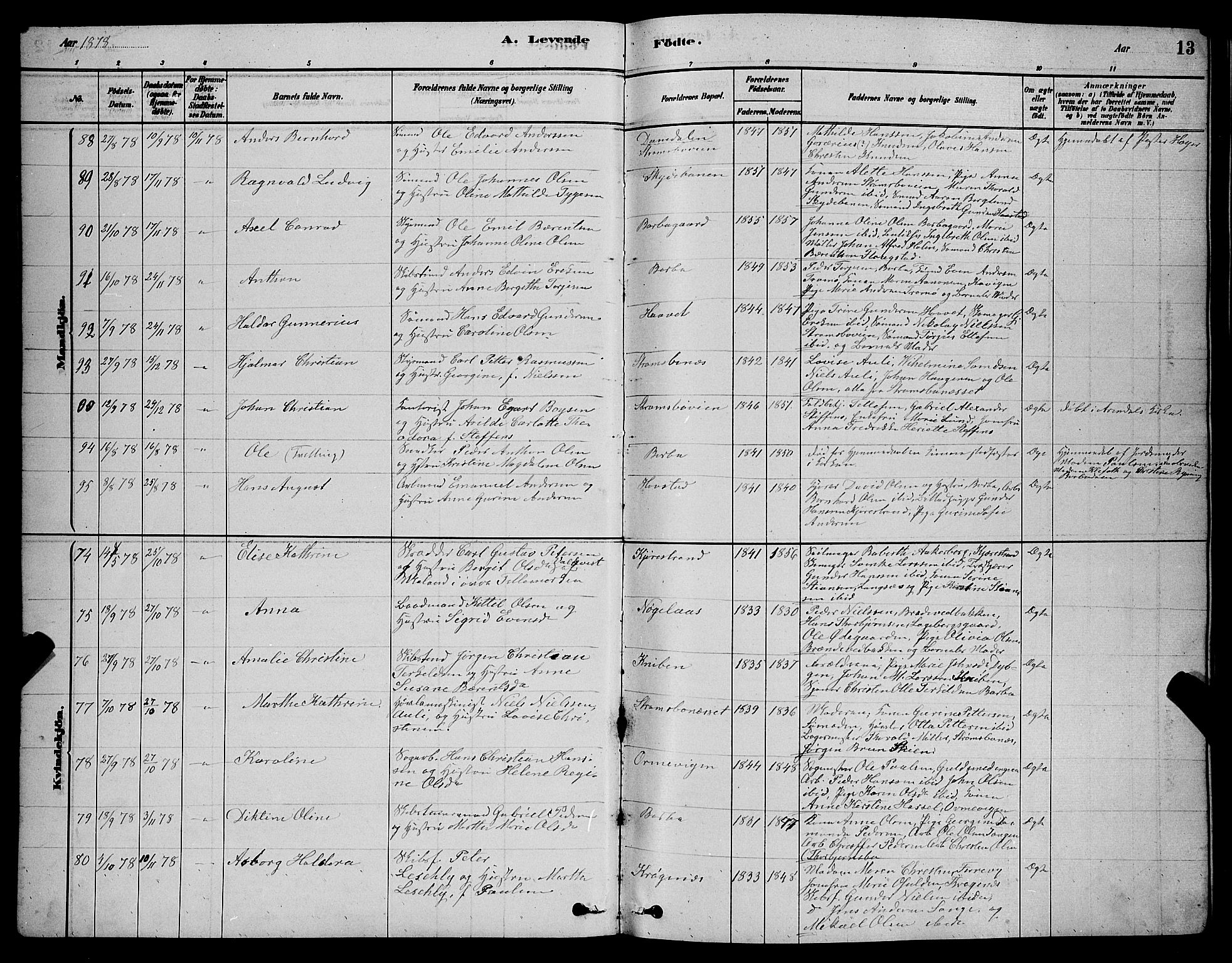 Barbu sokneprestkontor, AV/SAK-1111-0003/F/Fb/L0001: Parish register (copy) no. B 1, 1878-1890, p. 13