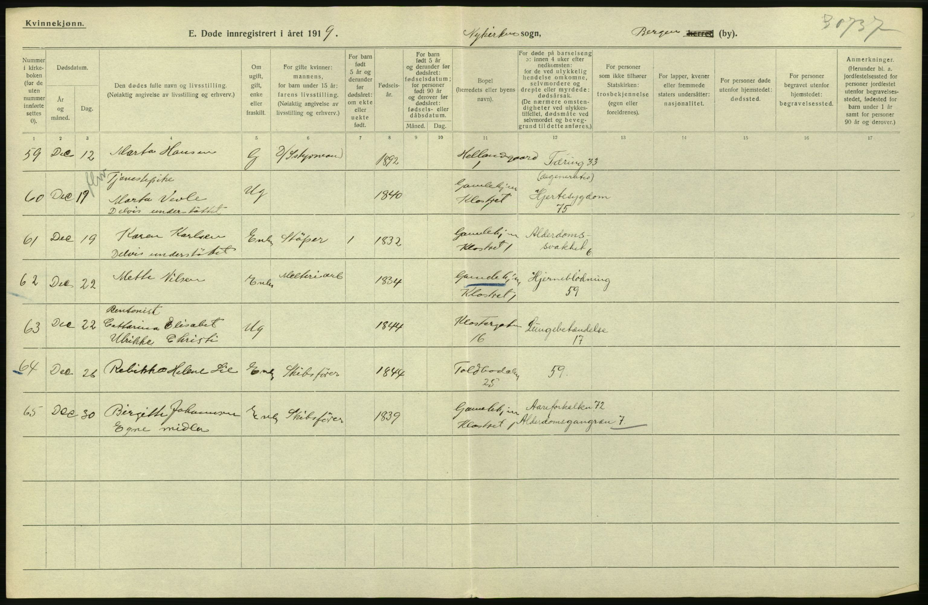 Statistisk sentralbyrå, Sosiodemografiske emner, Befolkning, RA/S-2228/D/Df/Dfb/Dfbi/L0035: Bergen: Gifte, døde, dødfødte., 1919, p. 566