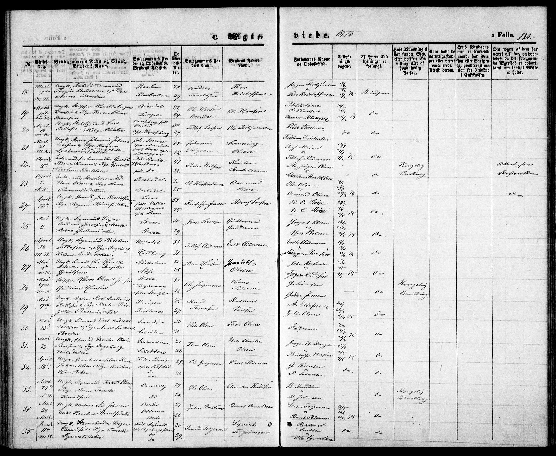 Tromøy sokneprestkontor, AV/SAK-1111-0041/F/Fb/L0004: Parish register (copy) no. B 4, 1869-1877, p. 131