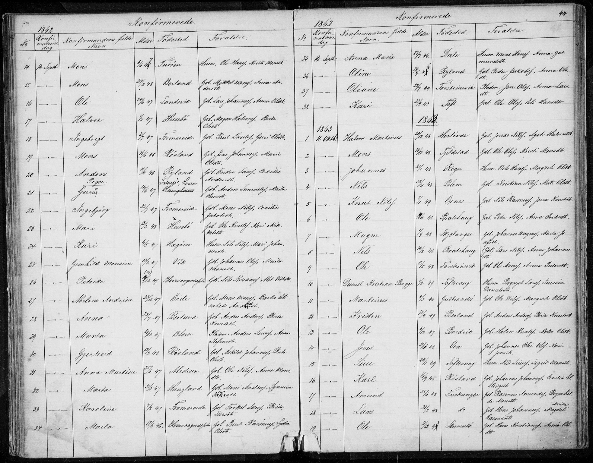 Herdla Sokneprestembete, SAB/A-75701/H/Haa: Parish register (official) no. A 1, 1855-1869, p. 44