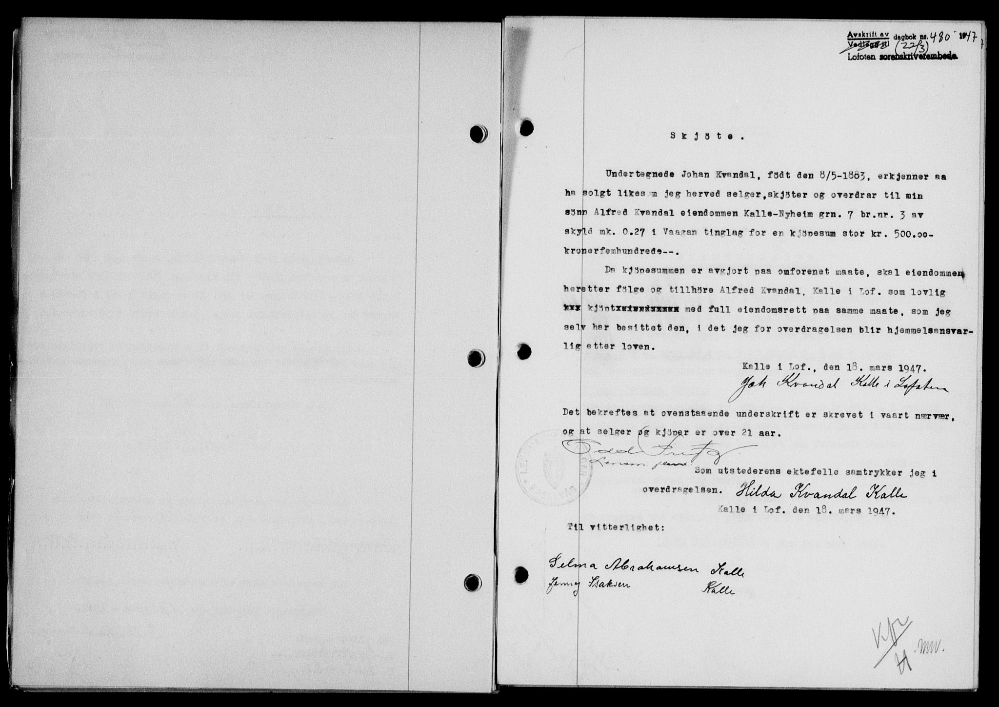 Lofoten sorenskriveri, SAT/A-0017/1/2/2C/L0015a: Mortgage book no. 15a, 1946-1947, Diary no: : 480/1947