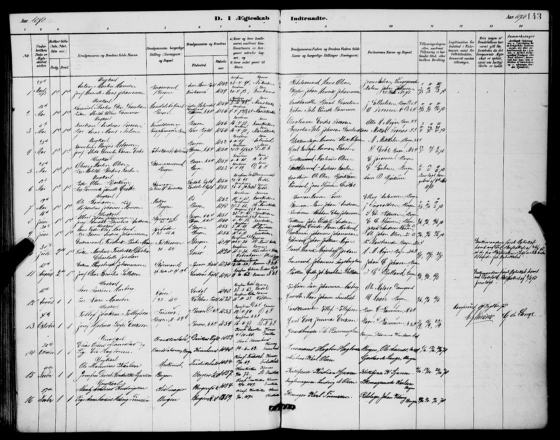 Mariakirken Sokneprestembete, SAB/A-76901/H/Hab/L0004: Parish register (copy) no. A 4, 1878-1892, p. 143