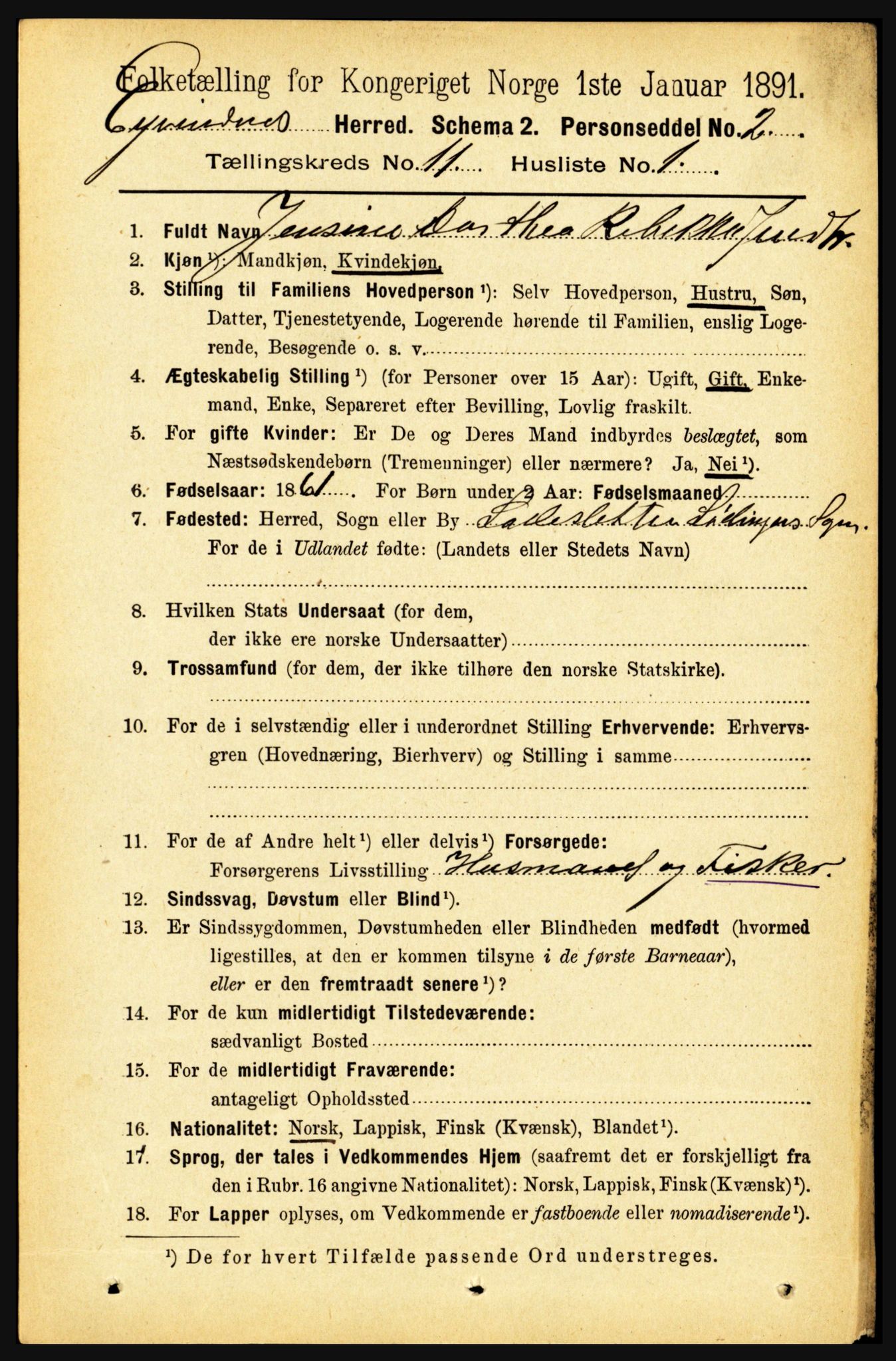 RA, 1891 census for 1853 Evenes, 1891, p. 3470