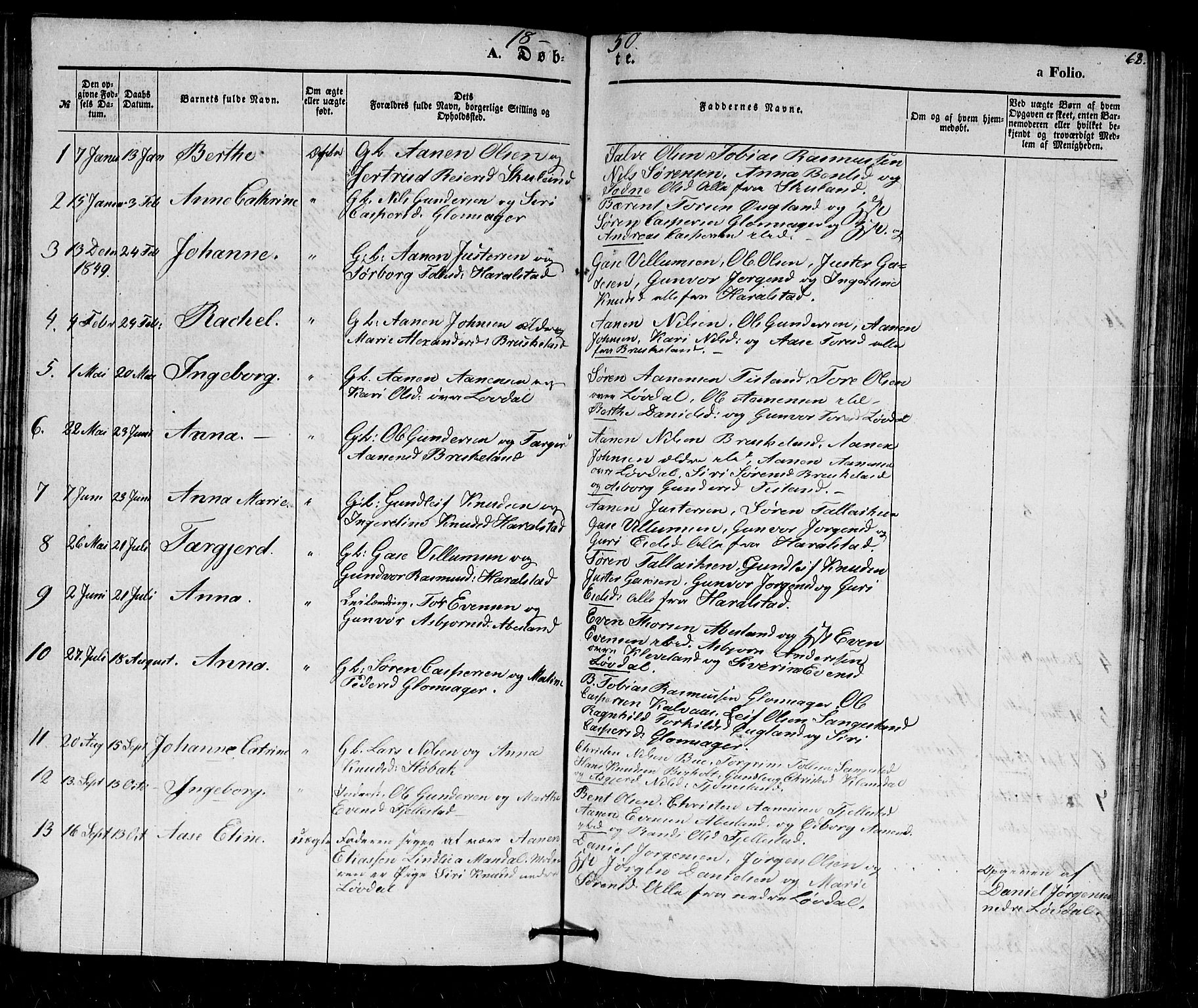 Holum sokneprestkontor, AV/SAK-1111-0022/F/Fb/Fbb/L0002: Parish register (copy) no. B 2, 1847-1874, p. 62