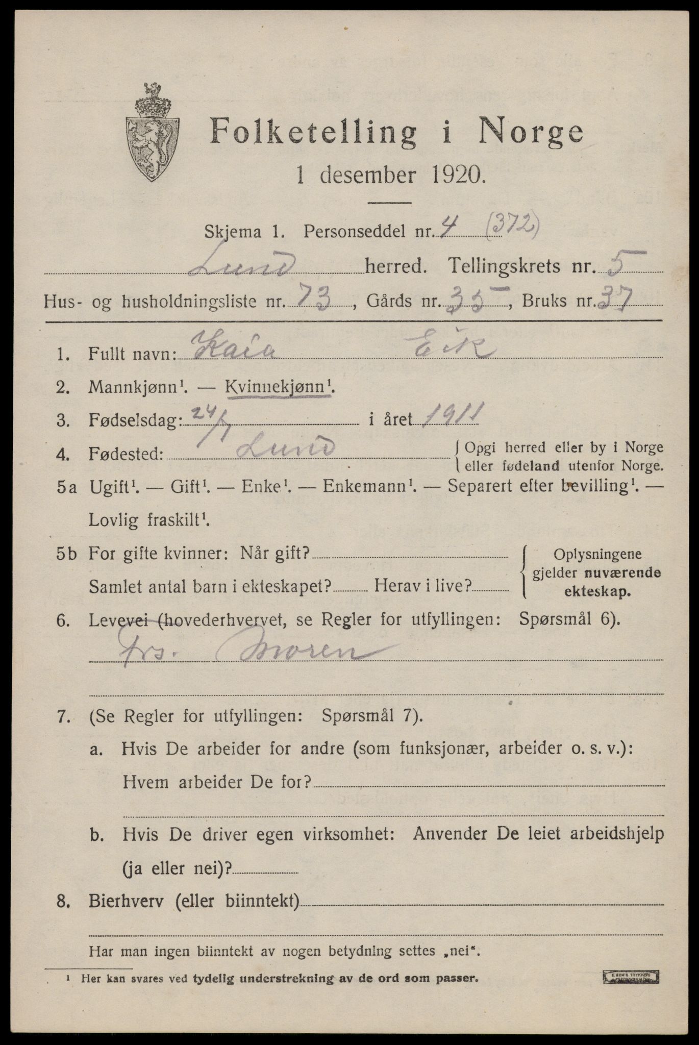 SAST, 1920 census for Lund, 1920, p. 3868