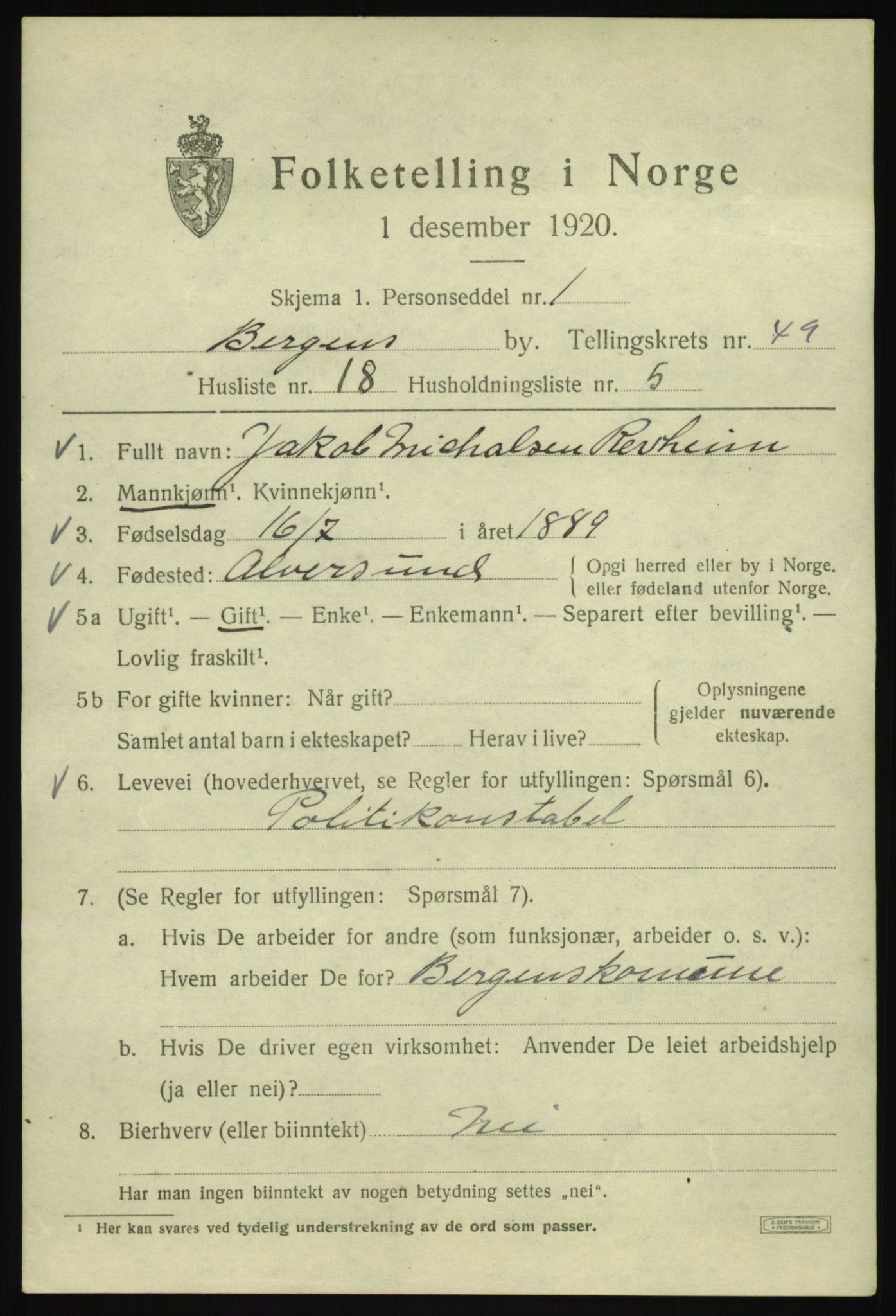 SAB, 1920 census for Bergen, 1920, p. 118413