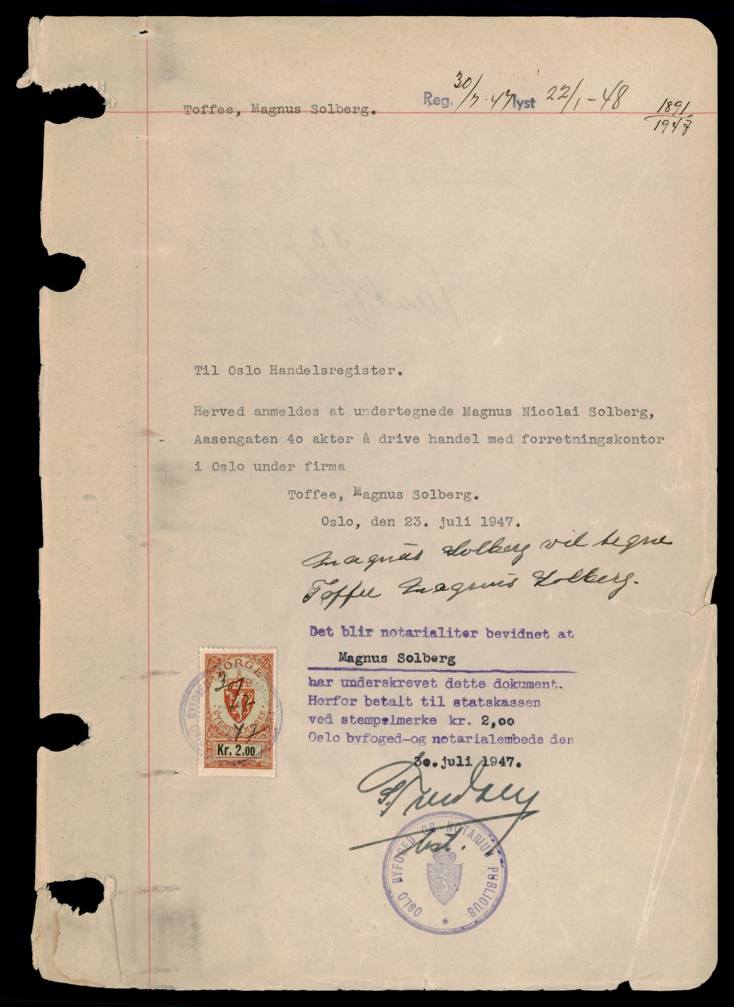 Oslo byfogd, Handelsregisteret, AV/SAT-A-10867/G/Gb/Gba/L0039: Enkeltmannsforetak, Tof-Tø, 1944-1990