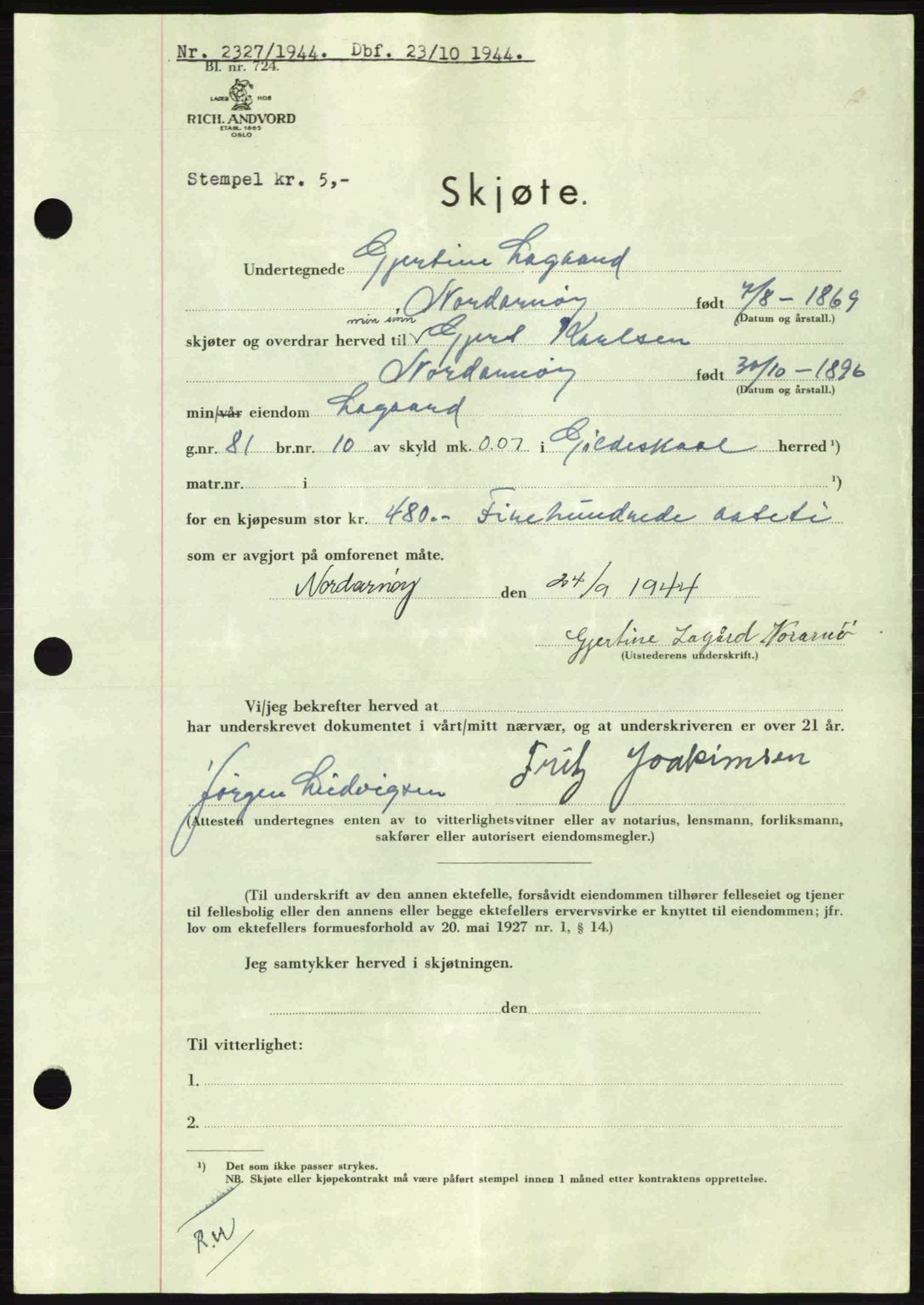 Salten sorenskriveri, AV/SAT-A-4578/1/2/2C: Mortgage book no. A14-15, 1943-1945, Diary no: : 2327/1944