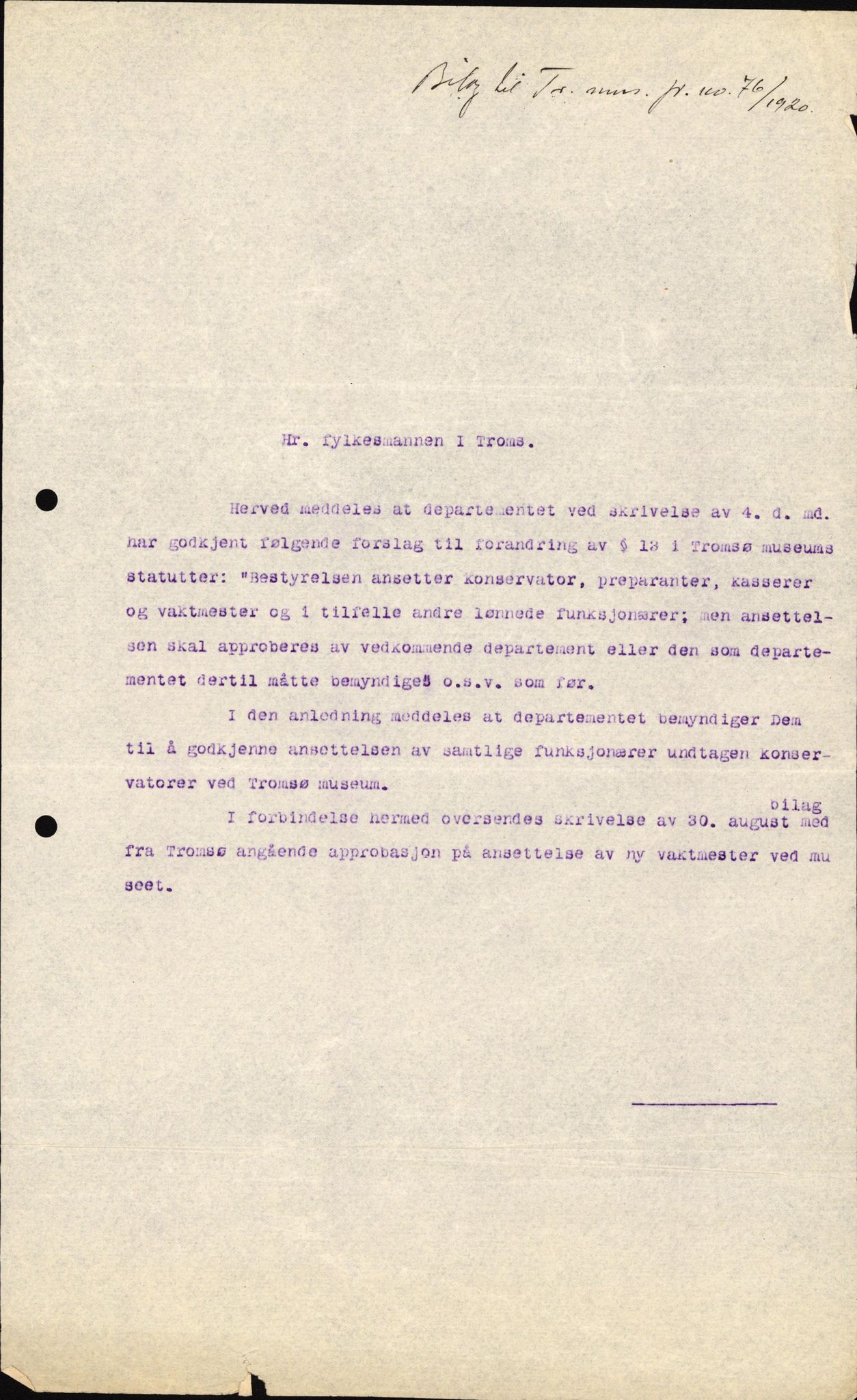 Tromsø Museum, AV/SATØ-S-0162/D/Da/L0030: Journalsaker og innkomne brev, 1906-1920, p. 464