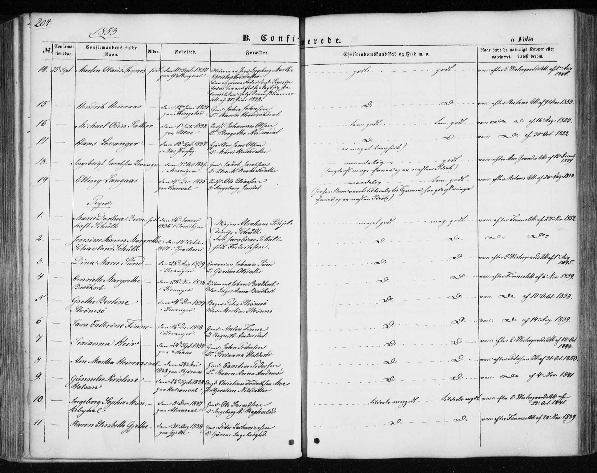Ministerialprotokoller, klokkerbøker og fødselsregistre - Nord-Trøndelag, SAT/A-1458/717/L0154: Parish register (official) no. 717A07 /1, 1850-1862, p. 204