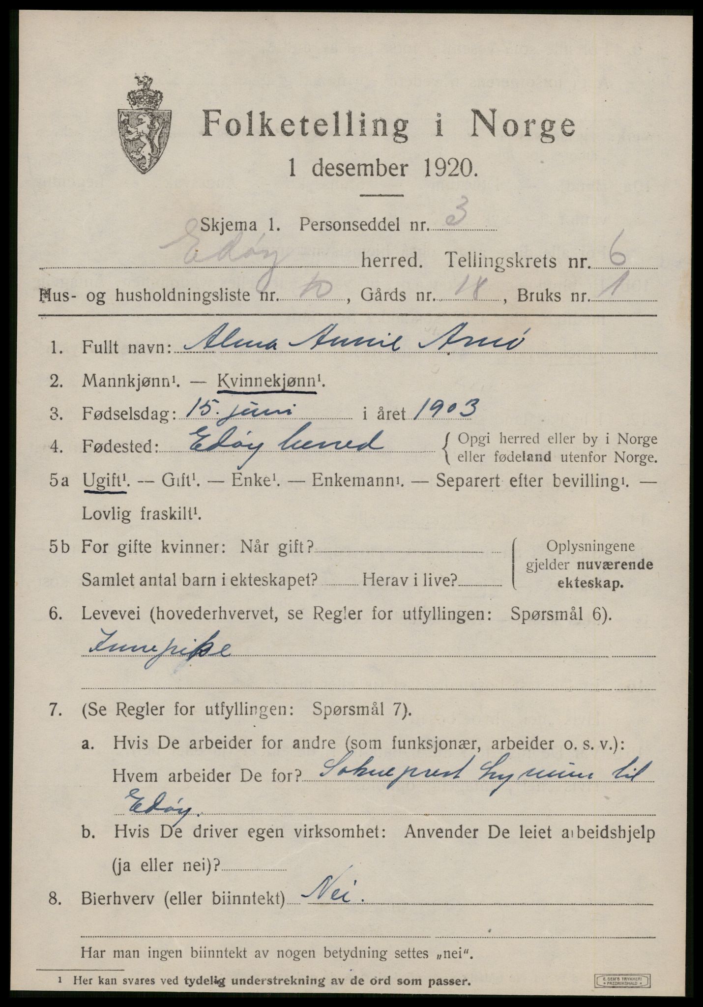 SAT, 1920 census for Edøy, 1920, p. 1882
