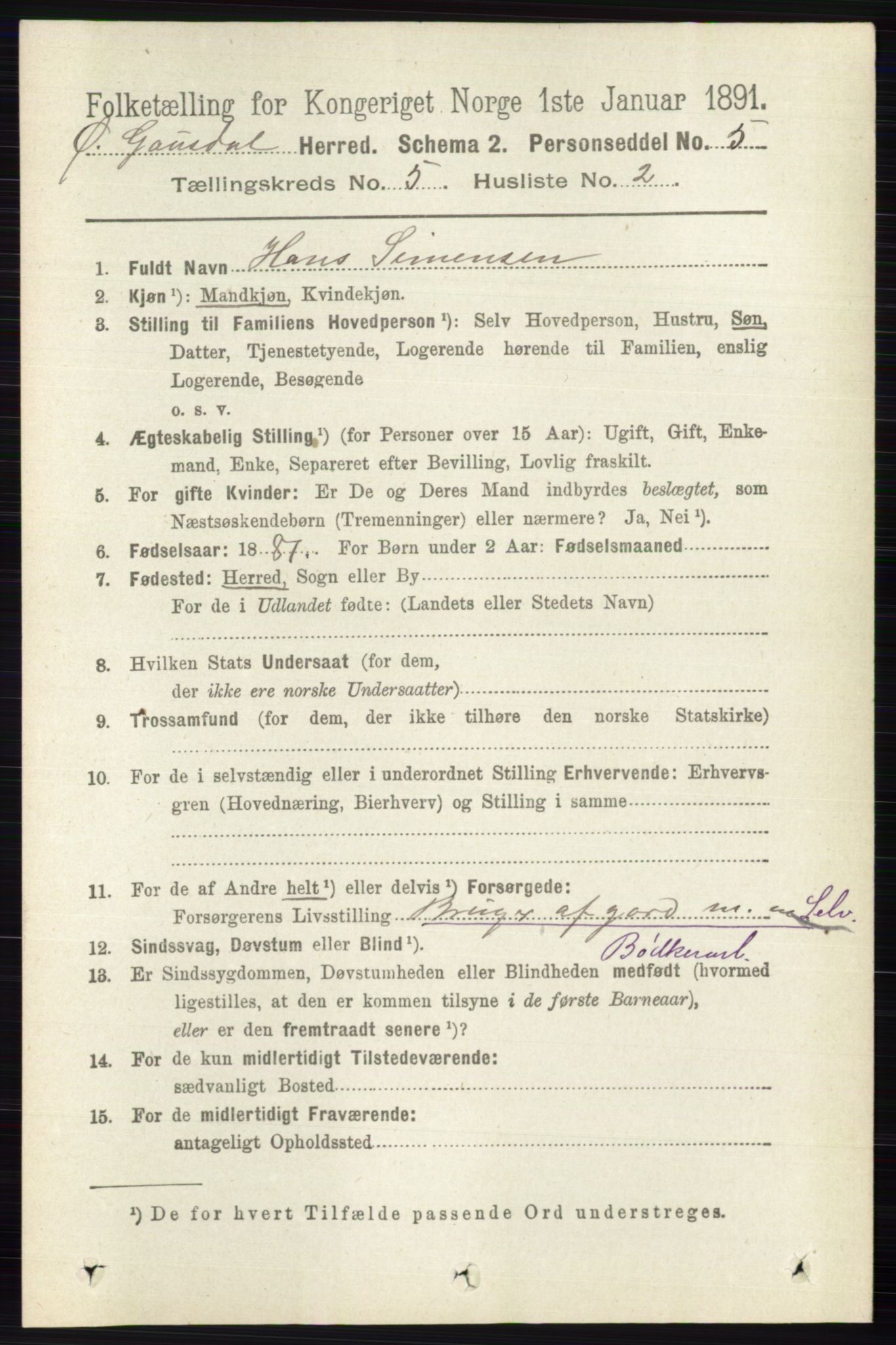 RA, 1891 census for 0522 Østre Gausdal, 1891, p. 3000