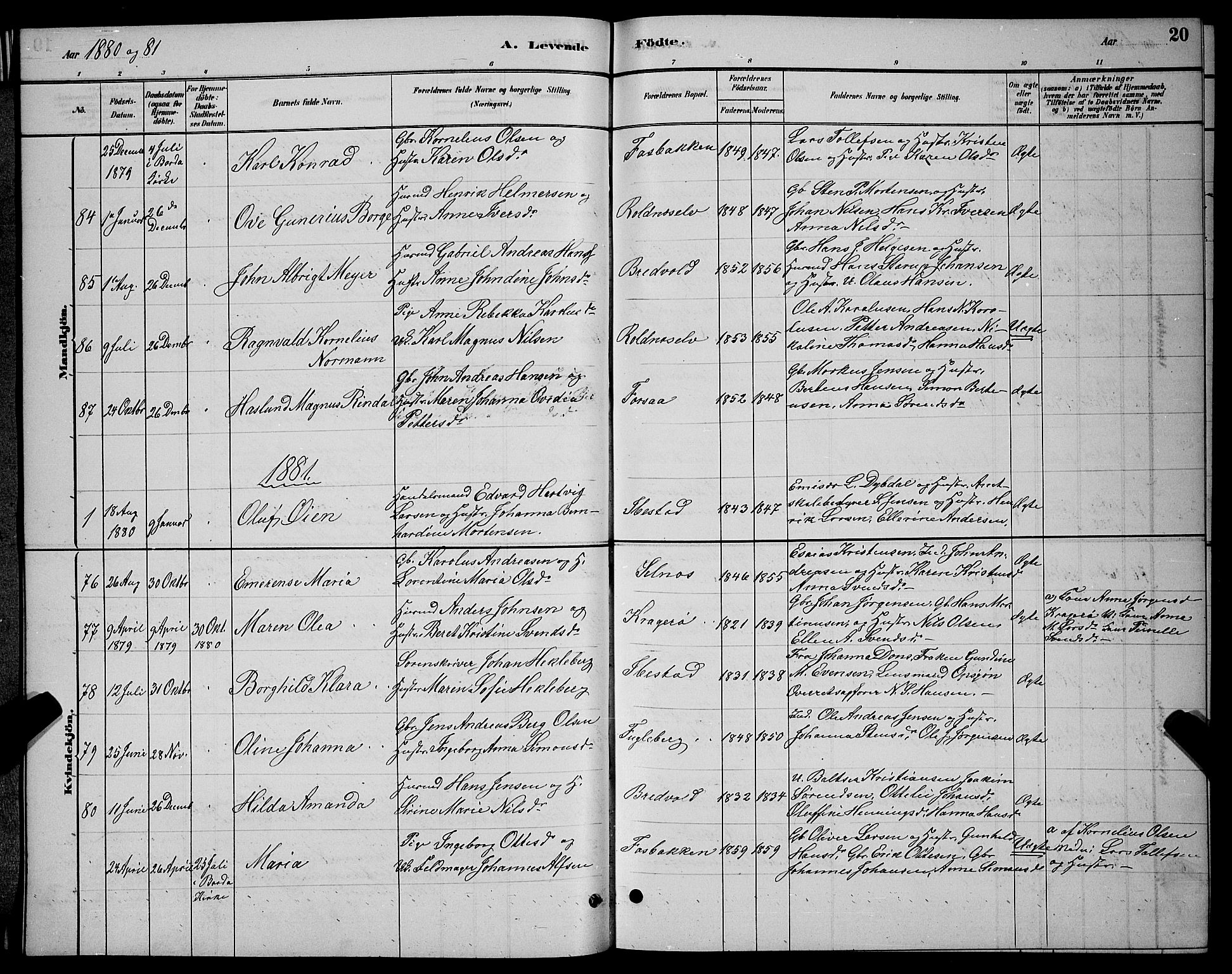 Ibestad sokneprestembete, SATØ/S-0077/H/Ha/Hab/L0007klokker: Parish register (copy) no. 7, 1879-1889, p. 20