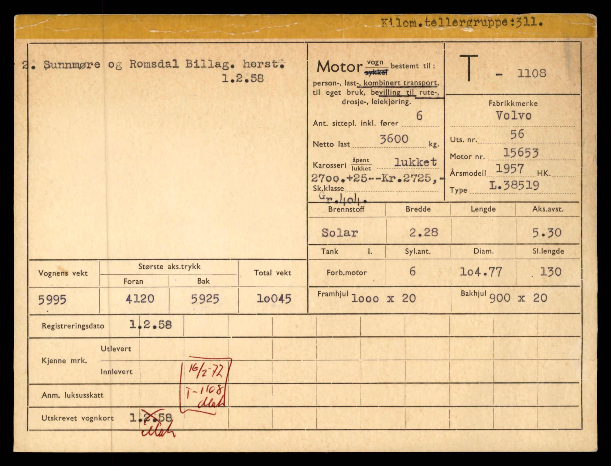 Møre og Romsdal vegkontor - Ålesund trafikkstasjon, AV/SAT-A-4099/F/Fe/L0010: Registreringskort for kjøretøy T 1050 - T 1169, 1927-1998, p. 1720