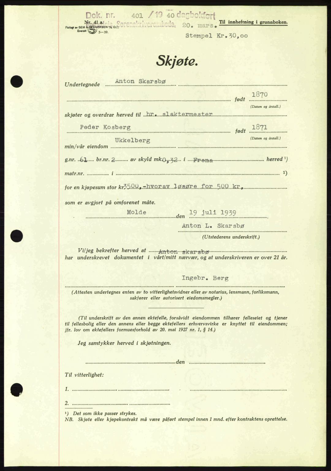 Romsdal sorenskriveri, AV/SAT-A-4149/1/2/2C: Mortgage book no. A8, 1939-1940, Diary no: : 401/1940