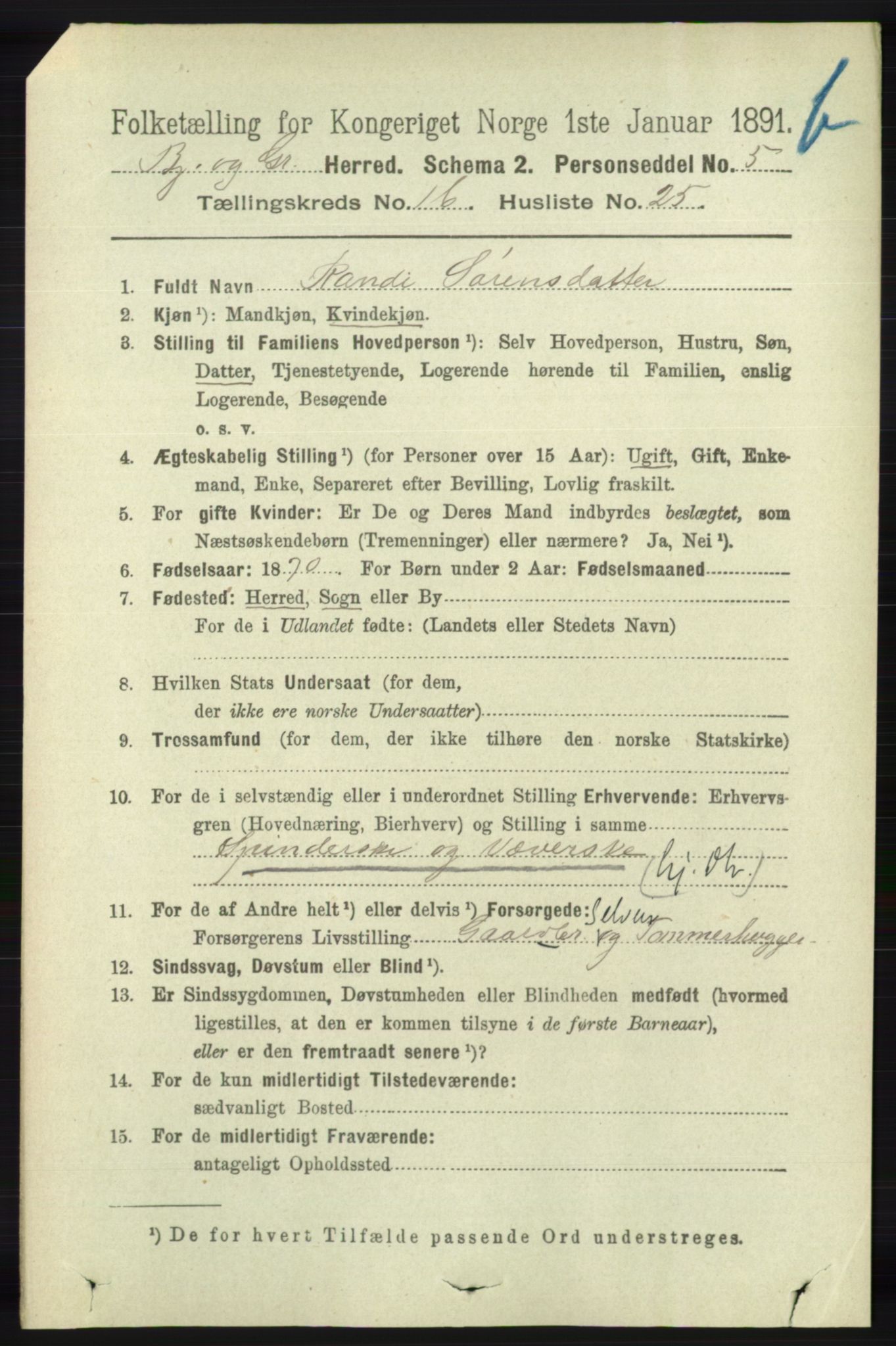 RA, 1891 census for 1024 Bjelland og Grindheim, 1891, p. 899