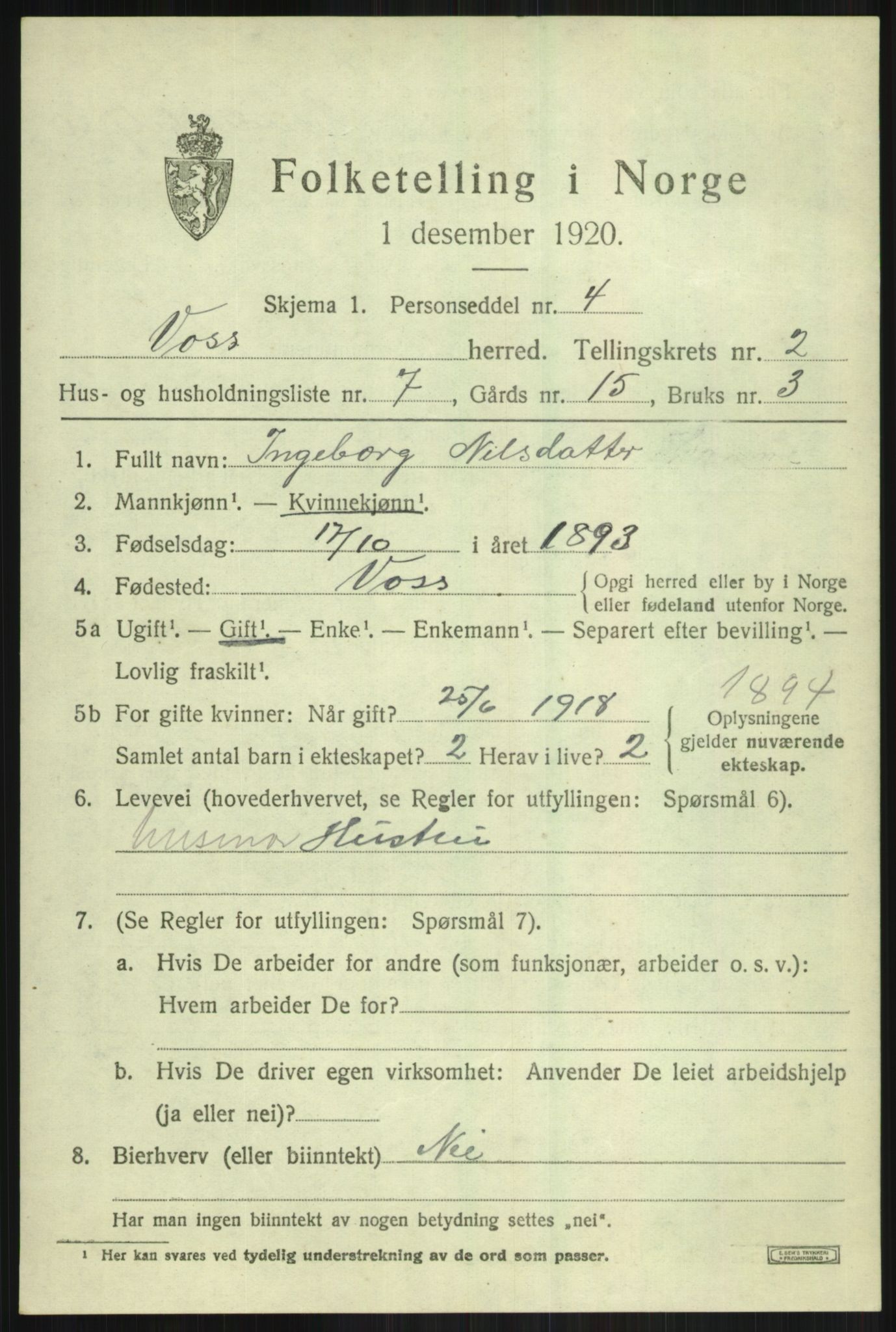 SAB, 1920 census for Voss, 1920, p. 3535