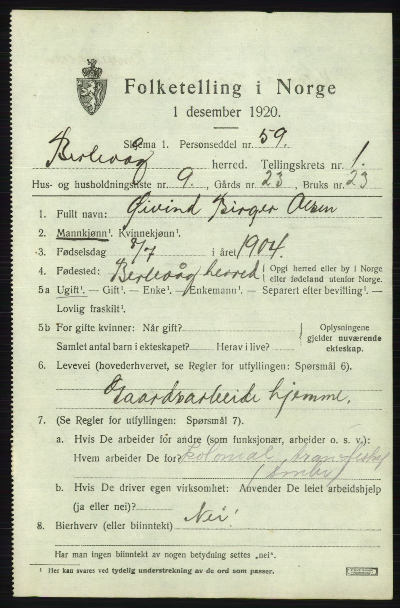 SATØ, 1920 census for Berlevåg, 1920, p. 555