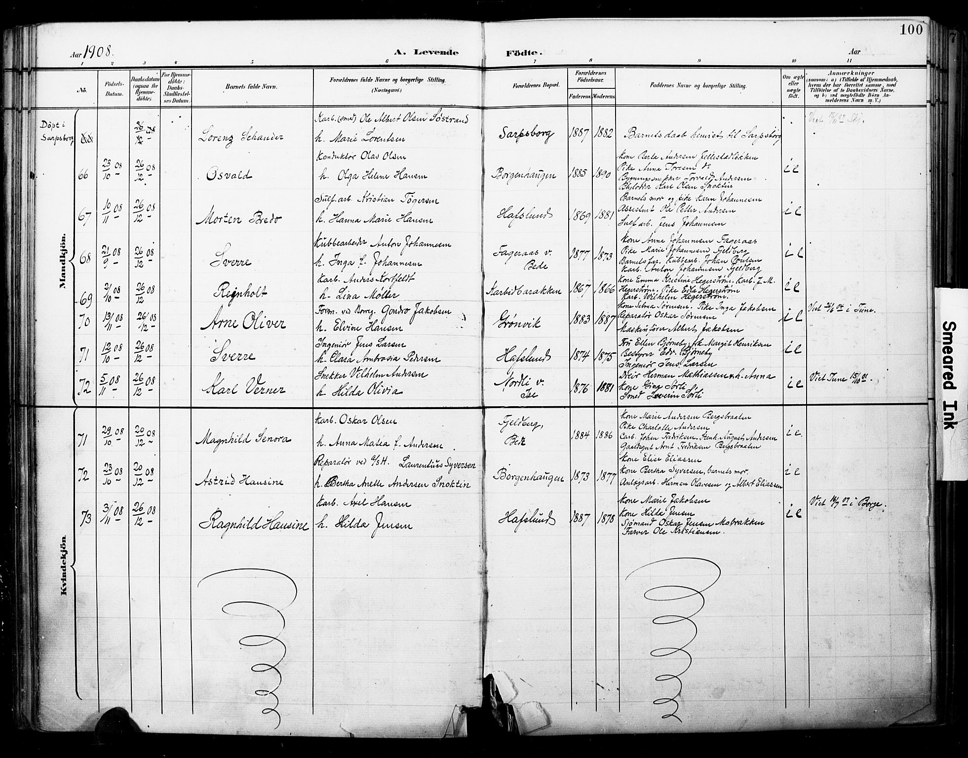 Skjeberg prestekontor Kirkebøker, SAO/A-10923/F/Fa/L0010: Parish register (official) no. I 10, 1898-1911, p. 100