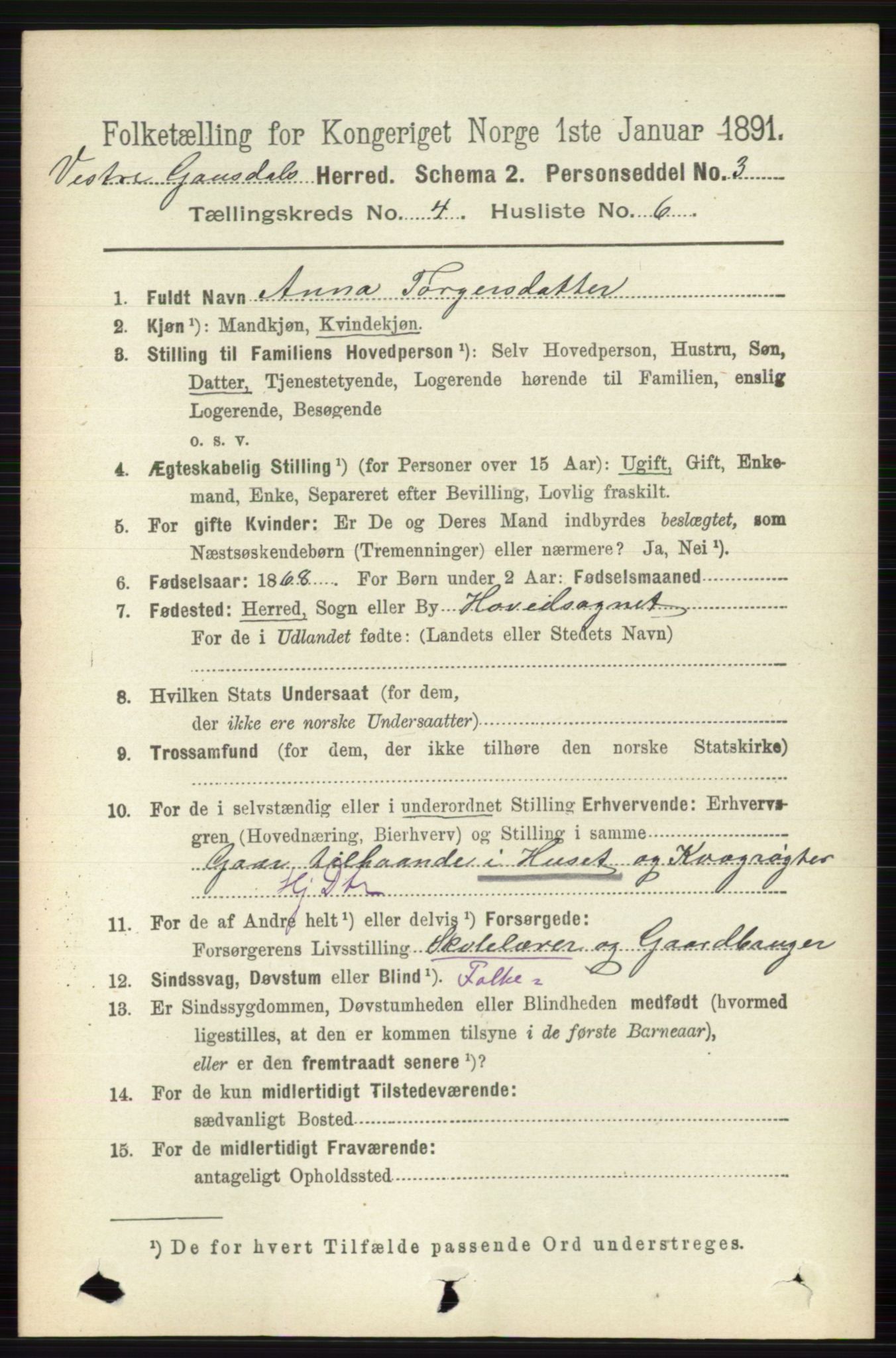 RA, 1891 census for 0523 Vestre Gausdal, 1891, p. 1742