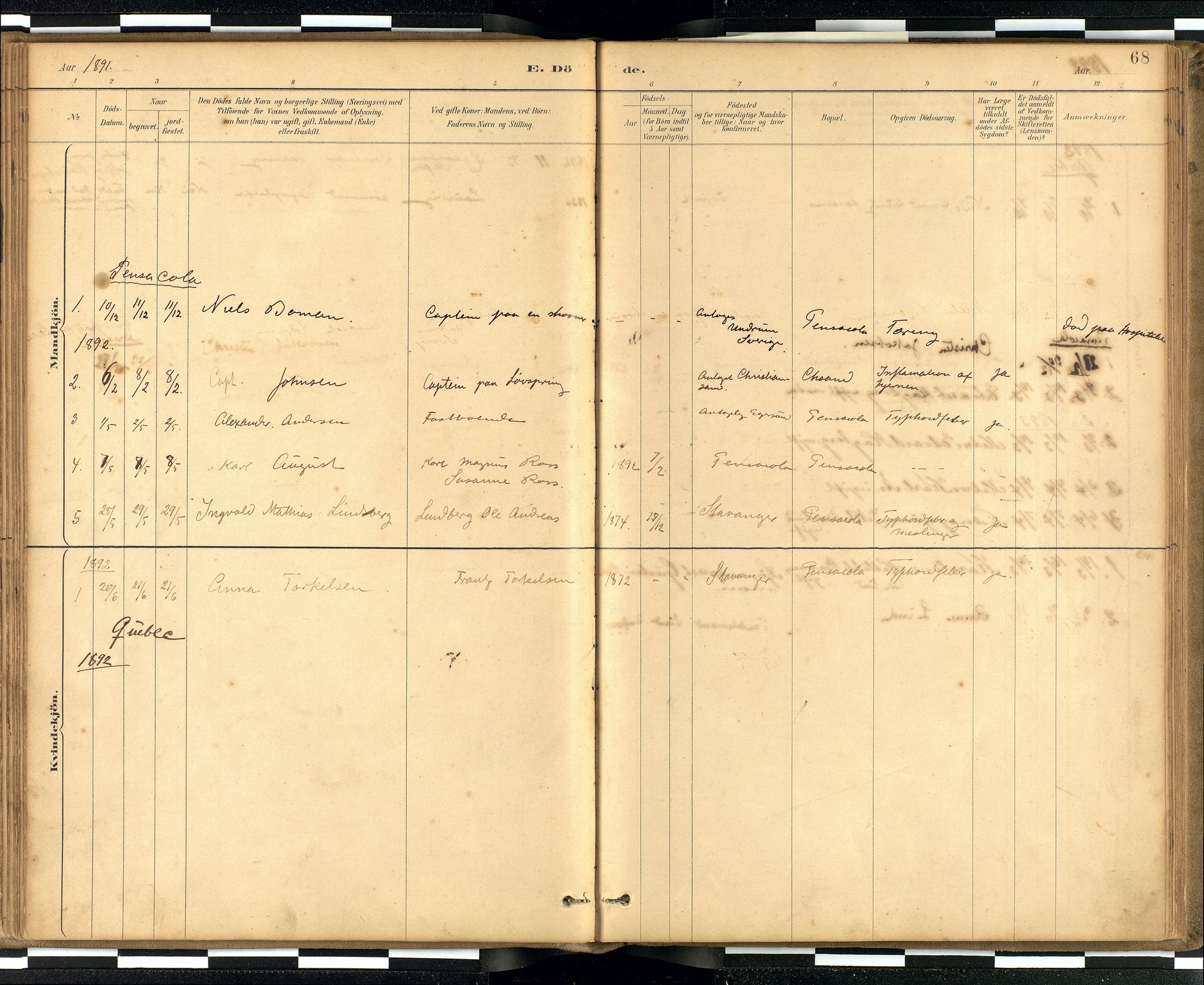 Den norske sjømannsmisjon i utlandet / Quebec (Canada) samt Pensacola--Savannah-Mobile-New Orleans-Gulfport (Gulfhamnene i USA), SAB/SAB/PA-0114/H/Ha/L0001: Parish register (official) no. A 1, 1887-1924, p. 67b-68a