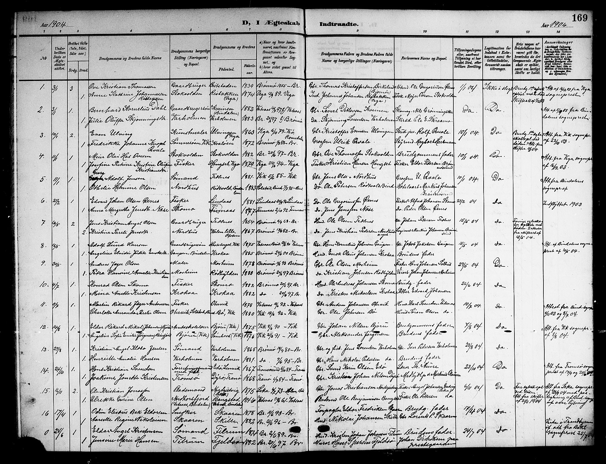 Ministerialprotokoller, klokkerbøker og fødselsregistre - Nordland, SAT/A-1459/813/L0214: Parish register (copy) no. 813C06, 1904-1917, p. 169