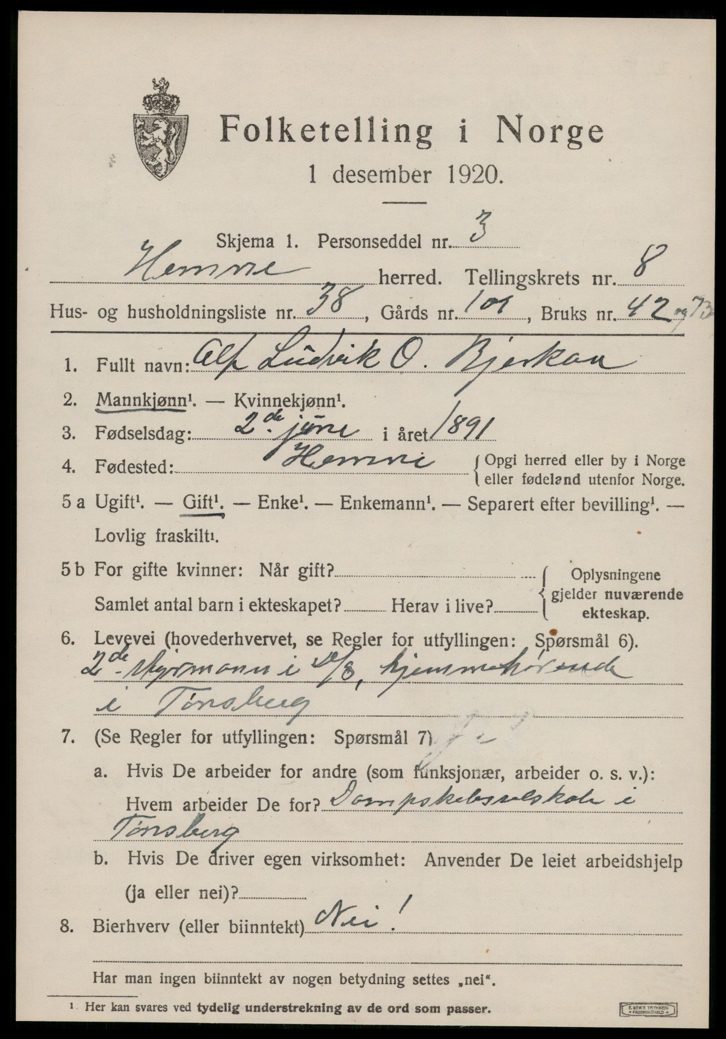 SAT, 1920 census for Hemne, 1920, p. 5190