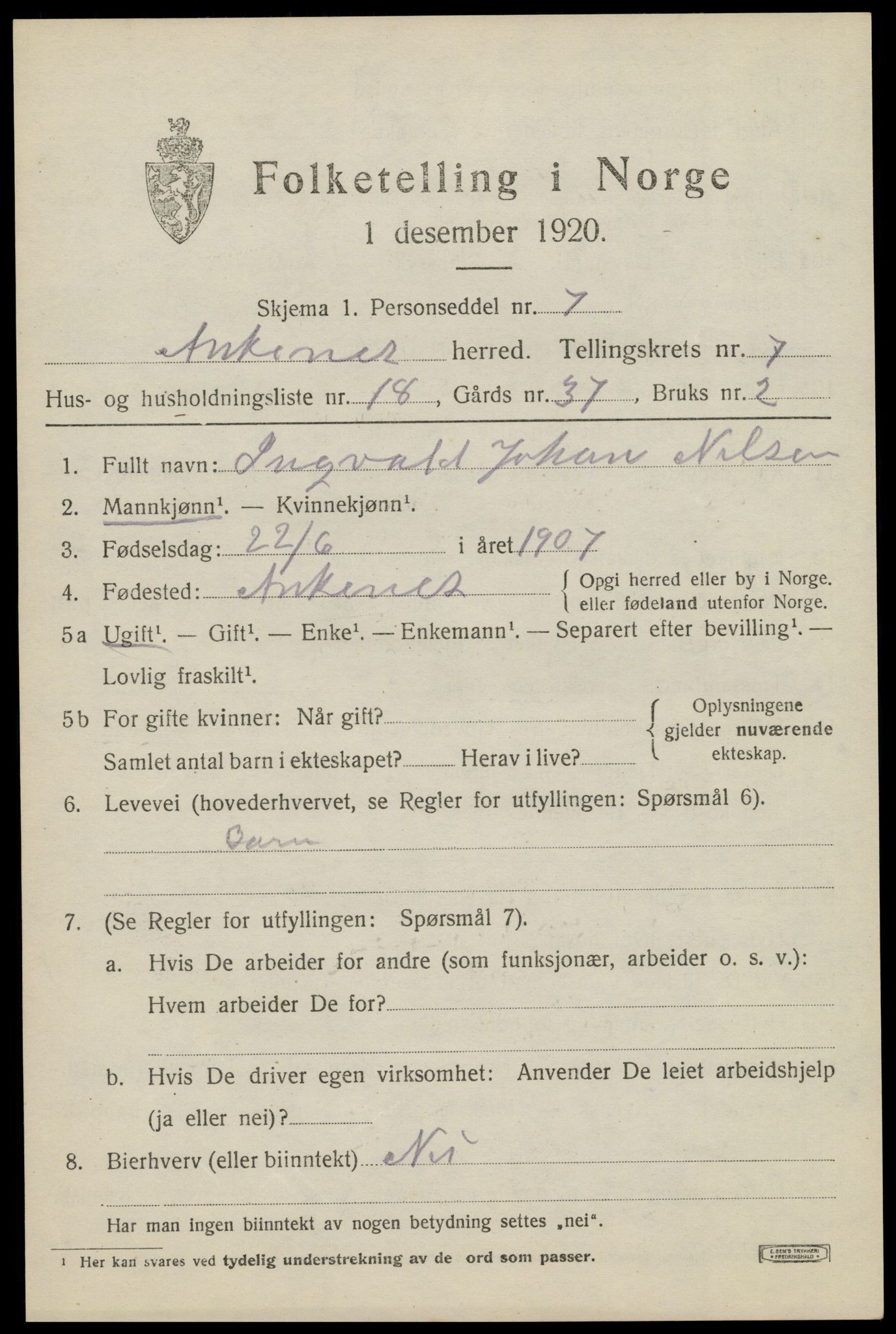 SAT, 1920 census for Ankenes, 1920, p. 3917