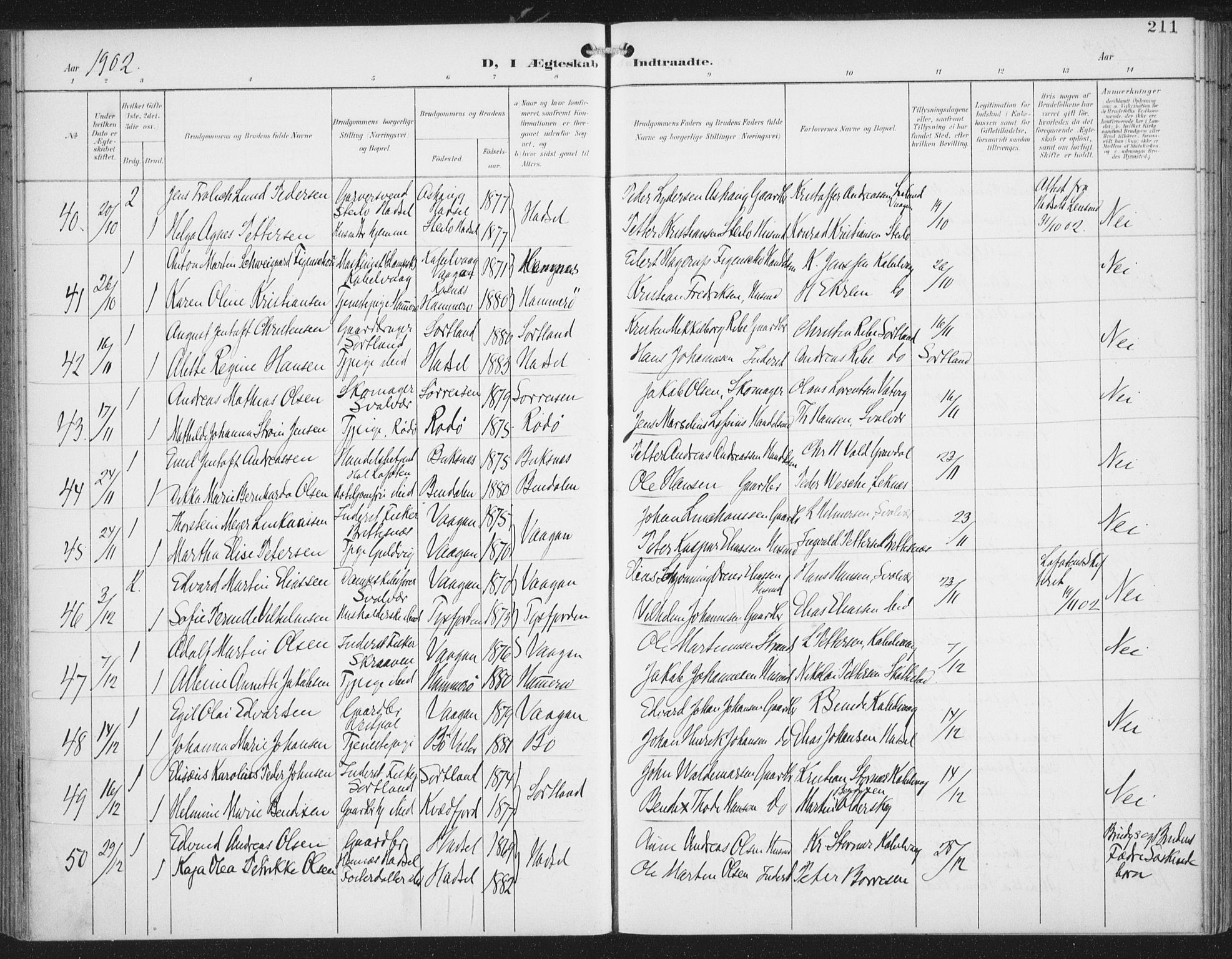 Ministerialprotokoller, klokkerbøker og fødselsregistre - Nordland, AV/SAT-A-1459/874/L1062: Parish register (official) no. 874A06, 1899-1907, p. 211