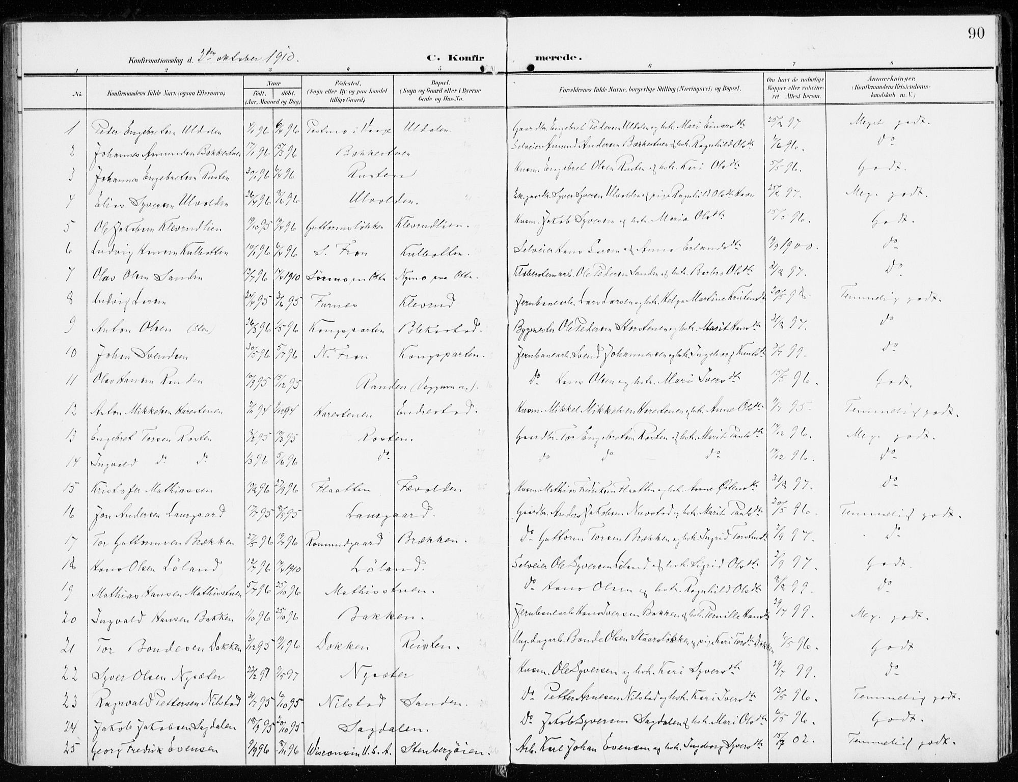 Sel prestekontor, SAH/PREST-074/H/Ha/Haa/L0002: Parish register (official) no. 2, 1905-1919, p. 90