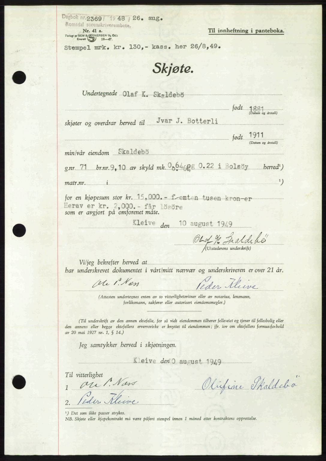 Romsdal sorenskriveri, AV/SAT-A-4149/1/2/2C: Mortgage book no. A30, 1949-1949, Diary no: : 2369/1949