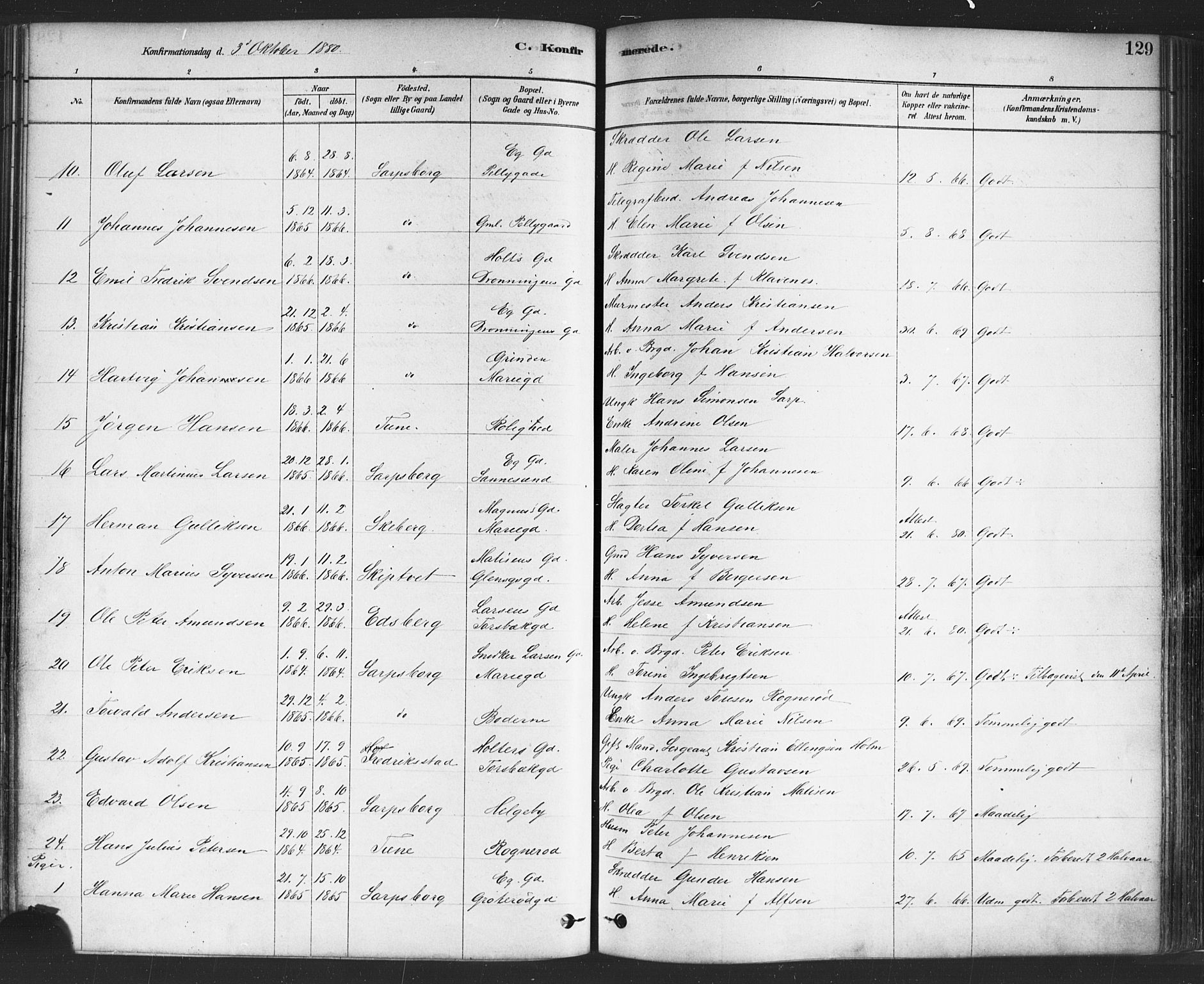 Sarpsborg prestekontor Kirkebøker, AV/SAO-A-2006/F/Fa/L0003: Parish register (official) no. 3, 1878-1891, p. 129