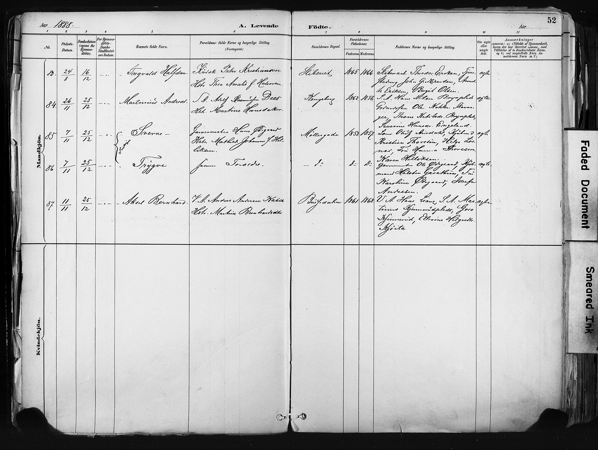 Kongsberg kirkebøker, AV/SAKO-A-22/F/Fb/L0002: Parish register (official) no. II 2, 1886-1896, p. 52