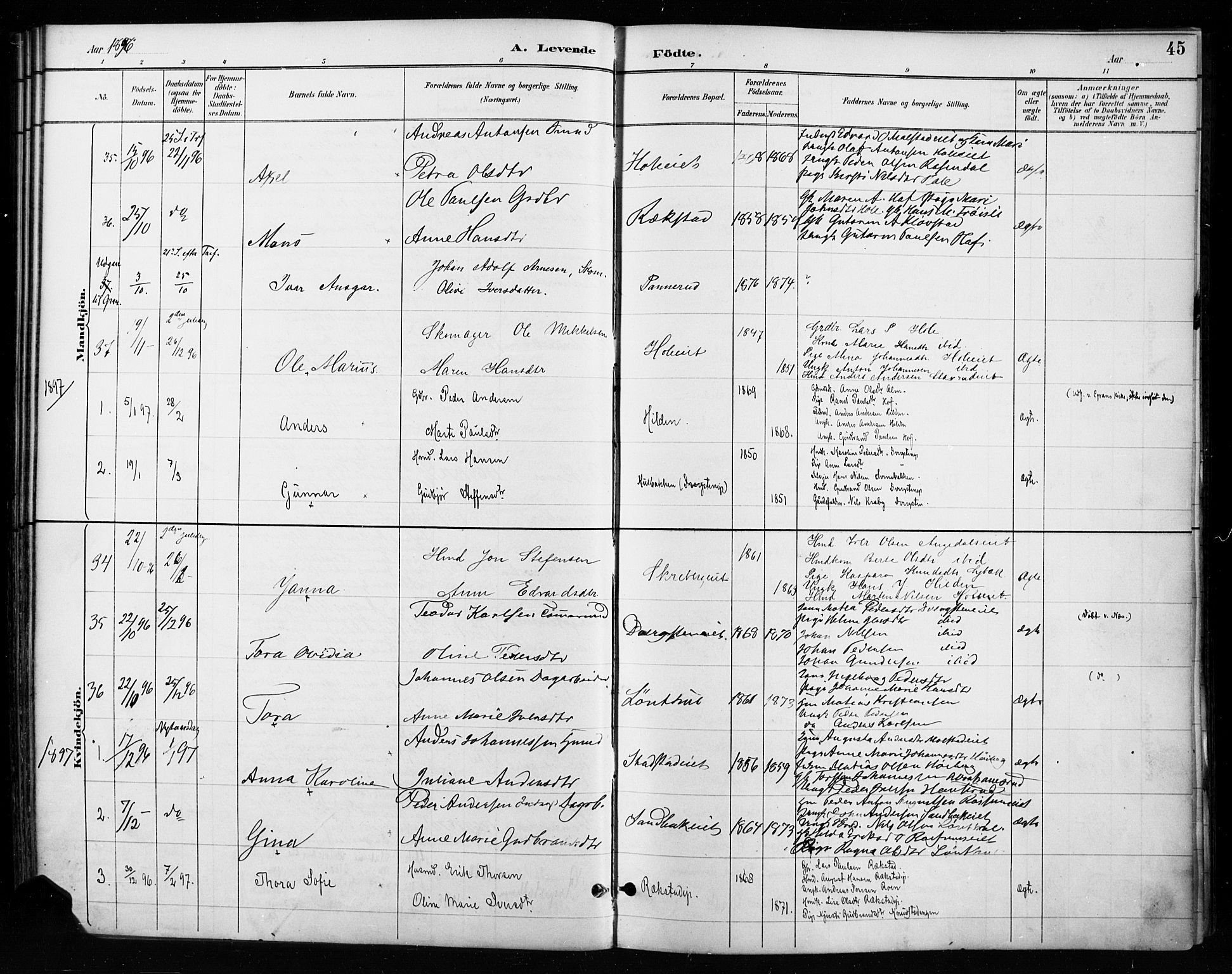 Gran prestekontor, AV/SAH-PREST-112/H/Ha/Haa/L0018: Parish register (official) no. 18, 1889-1899, p. 45