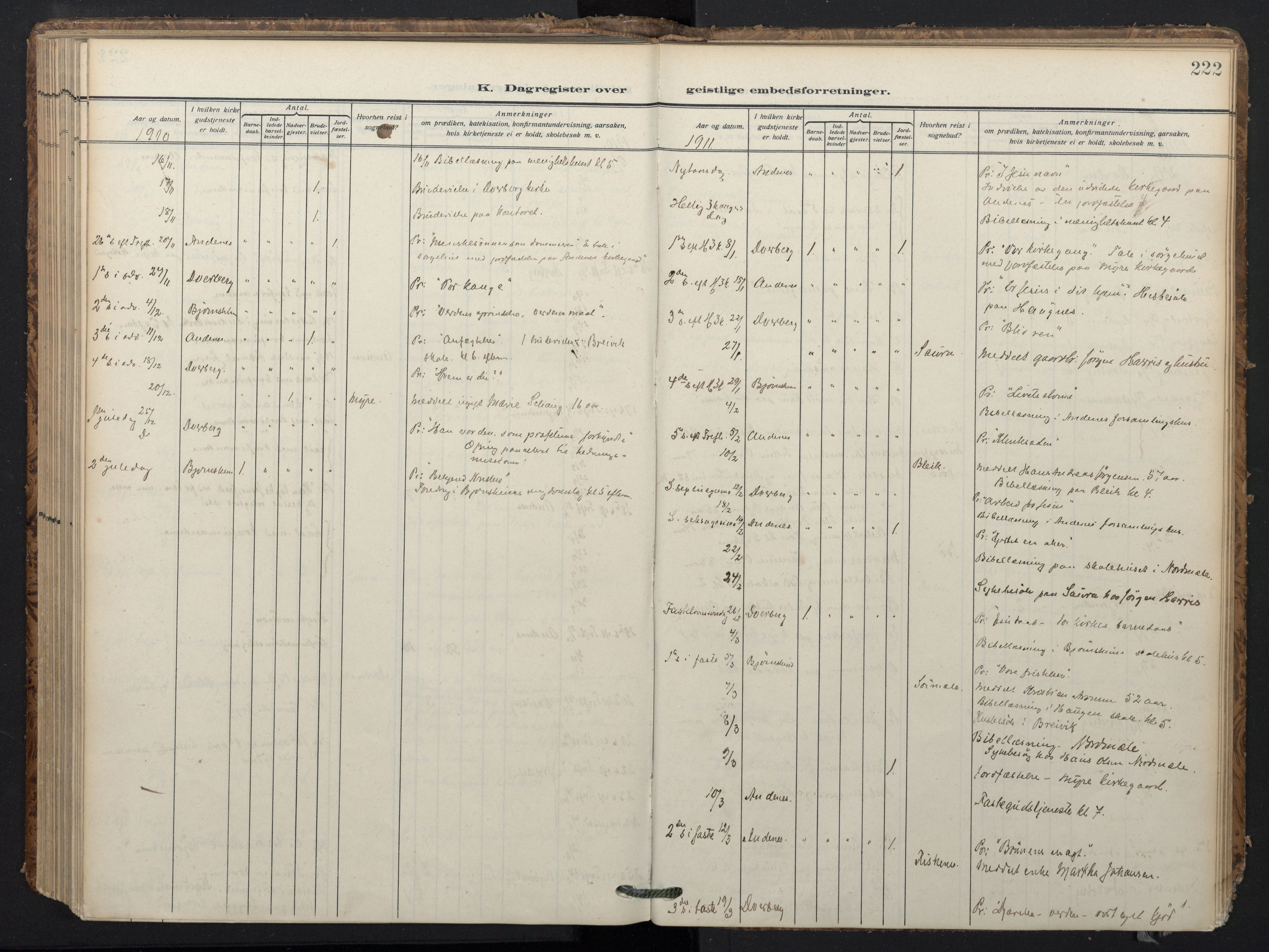 Ministerialprotokoller, klokkerbøker og fødselsregistre - Nordland, SAT/A-1459/897/L1401: Parish register (official) no. 897A08, 1909-1921, p. 222