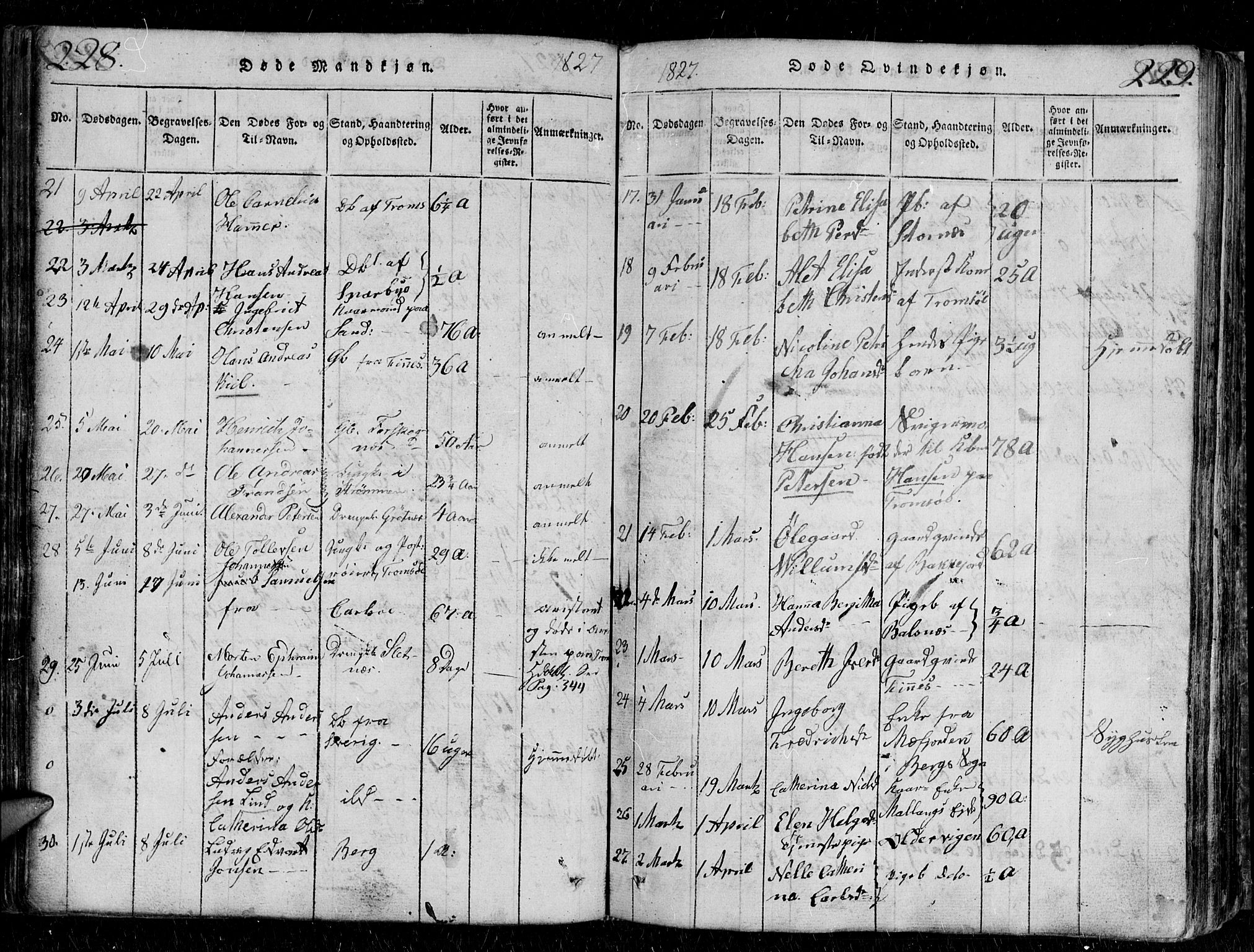 Tromsø sokneprestkontor/stiftsprosti/domprosti, AV/SATØ-S-1343/G/Gb/L0001klokker: Parish register (copy) no. 1, 1821-1833, p. 228-229