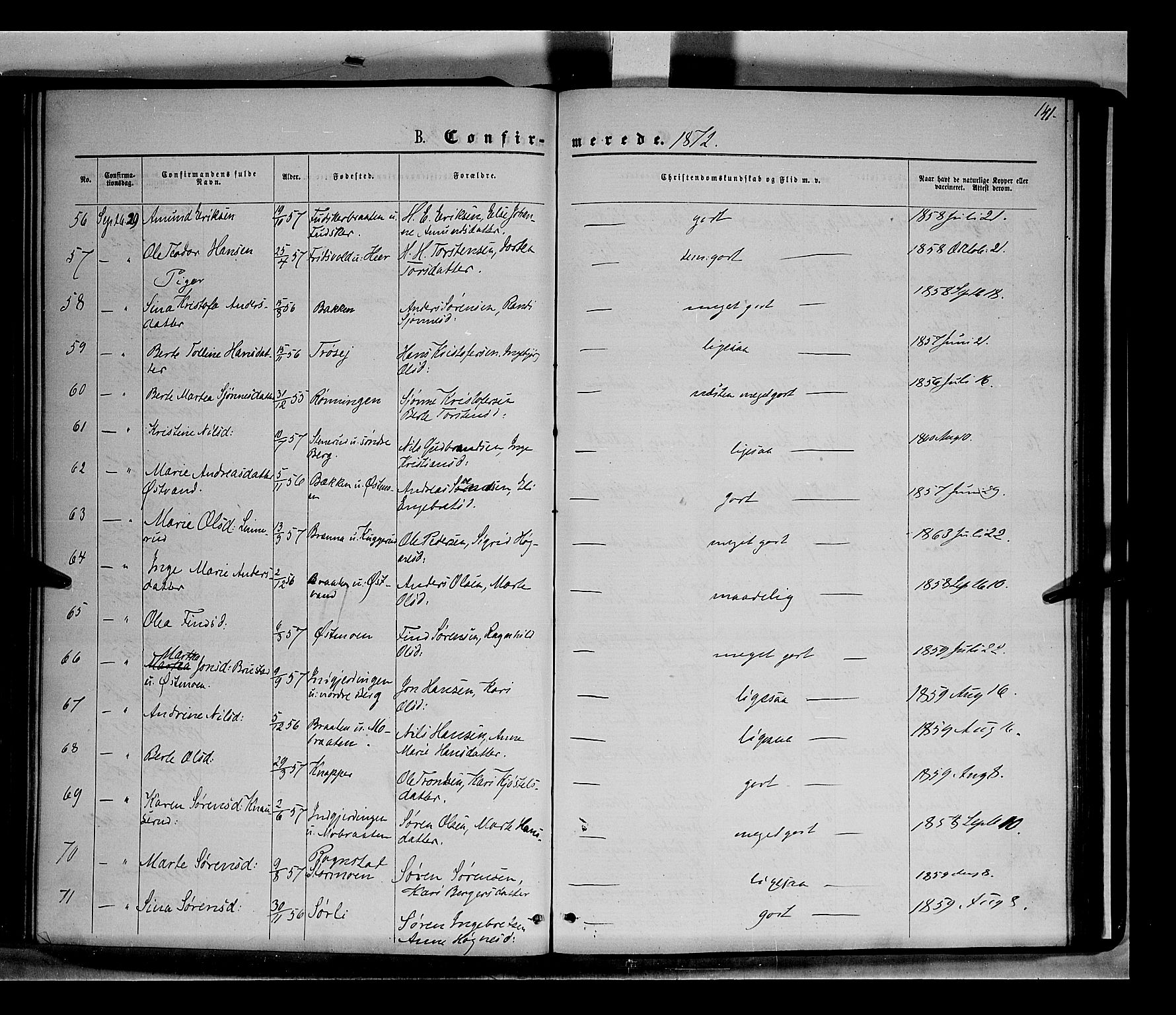 Nord-Odal prestekontor, AV/SAH-PREST-032/H/Ha/Haa/L0004: Parish register (official) no. 4, 1866-1873, p. 141