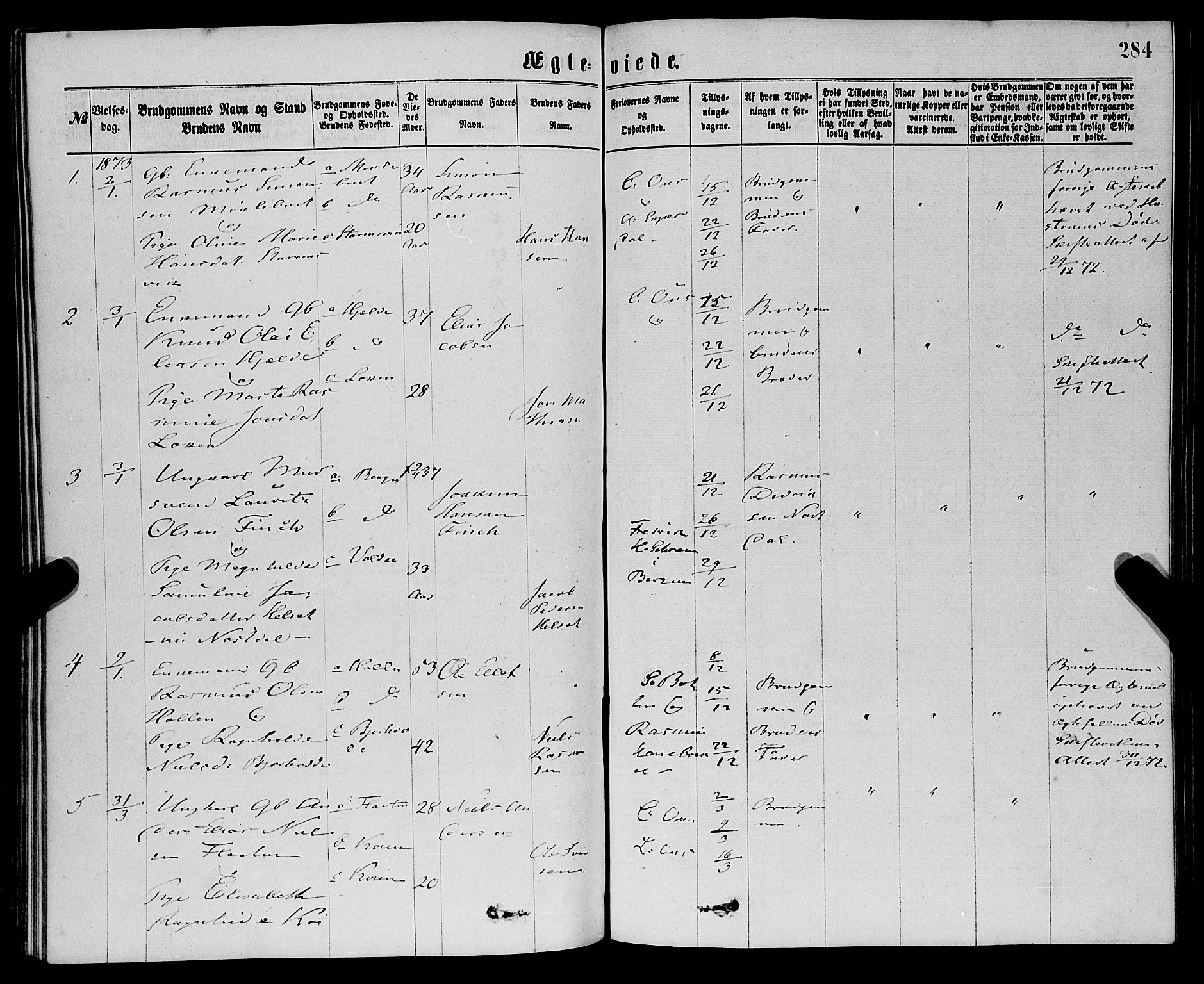 Eid sokneprestembete, SAB/A-82301/H/Haa/Haaa/L0010: Parish register (official) no. A 10, 1867-1878, p. 284